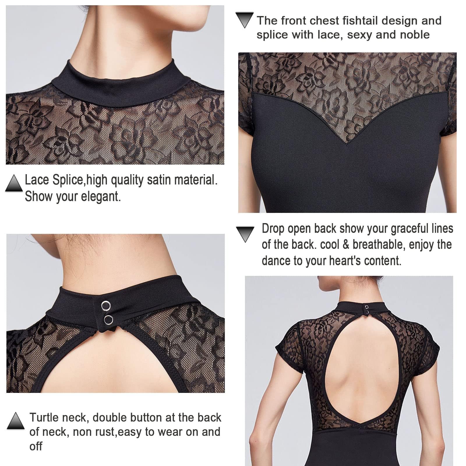 Black Dance Leotard for Women Adult Dance Leotard with Lace Short Sleeve Gymnastics Yoga Dancewear