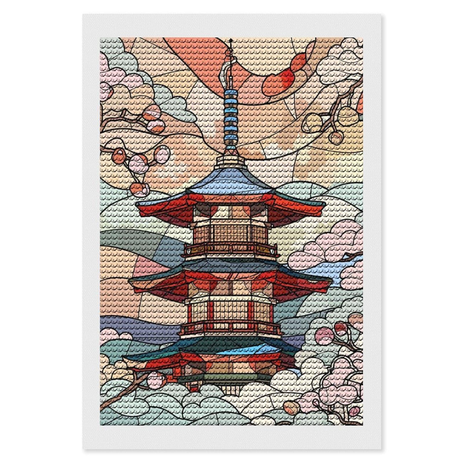 Junmoney Japanese Pagoda with Cherry Blossoms Diamond Art Kit 8"x12", Modern Decor, for Adults, Printed Canvas, Holiday Gift Idea, Fun Craft Experience