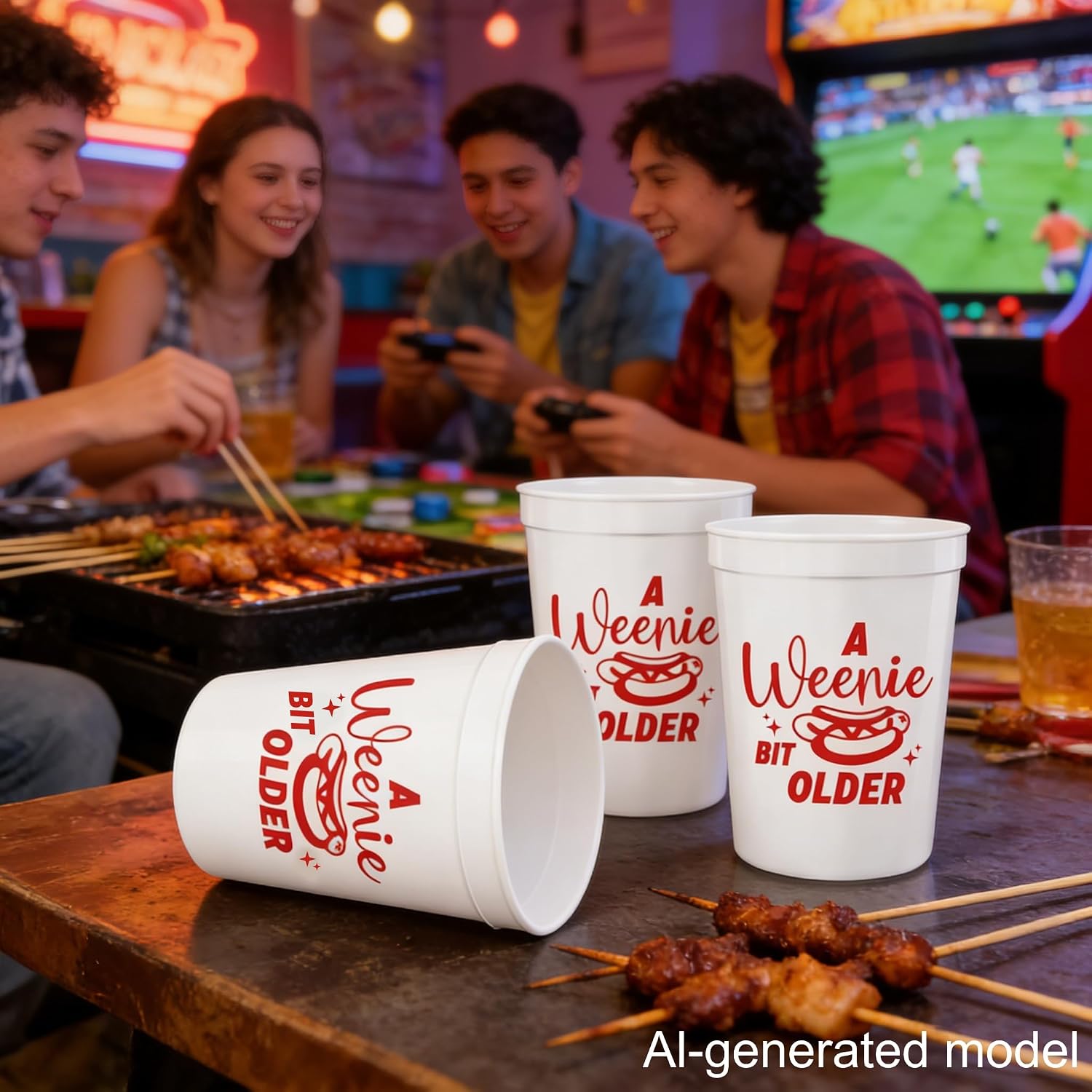 A Weenie Bit Older Plastic Party Cups, White with Red Hot Dog Design, 16 oz, Reusable, Set of 12
