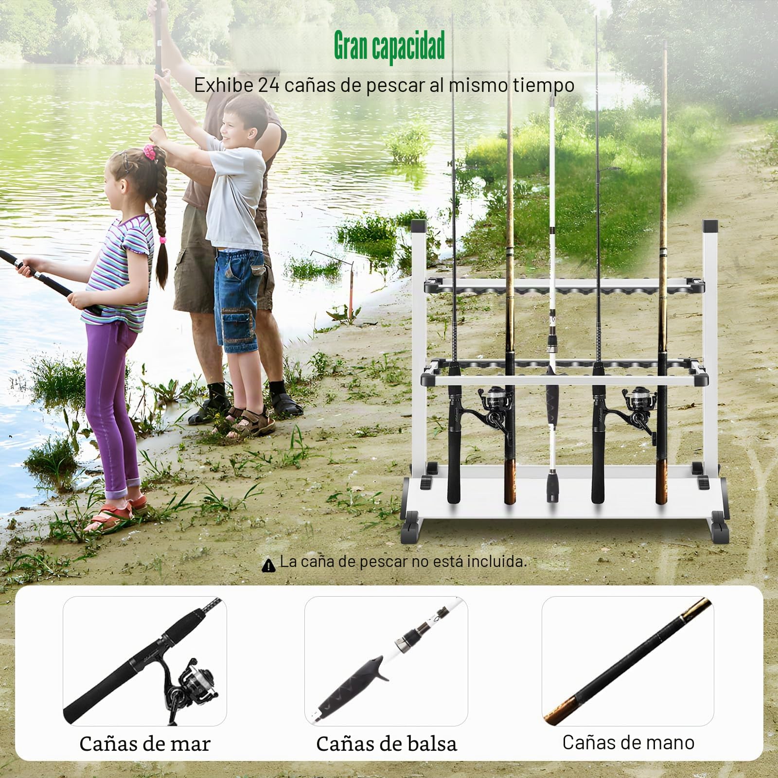 Portacañas Aluminio, 24 Cañas, 73x32x72cm, Ajustable, Plata