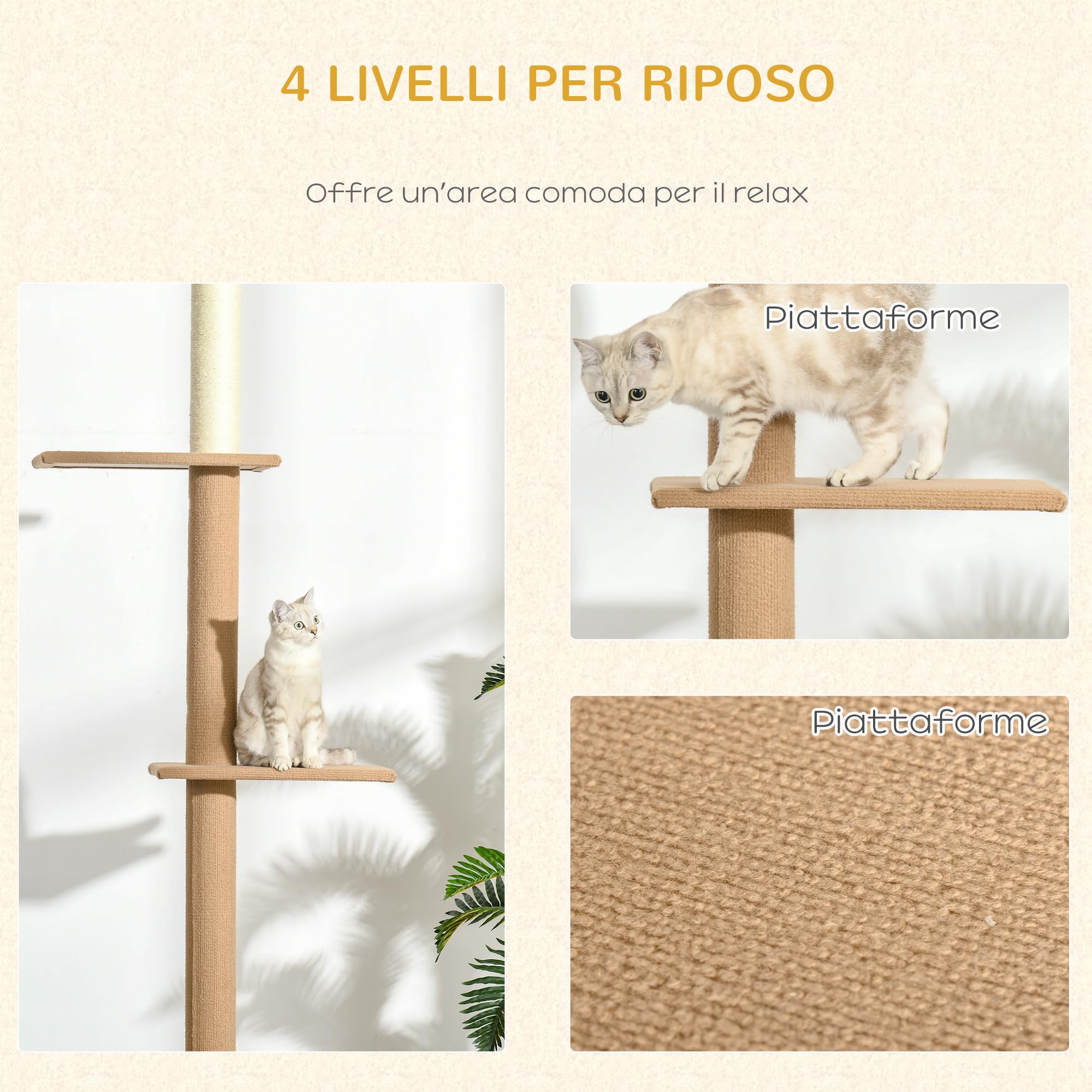 PawHut Albero Tiragraffi per Gatti a 4 Livelli, Tiragraffi a Soffitto con Altezza Regolabile, 43x27x228-260cm, Marrone Chiaro
