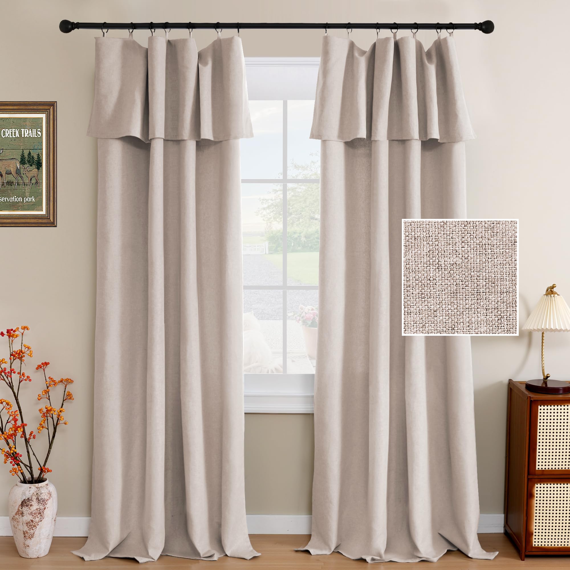H.VERSAILTEX Linen Curtains with Valance 84 Inch Long 2 Panels Farmhouse Boho Privacy Window Curtains for Living Room Bedroom Ring/Rod Pocket Privacy