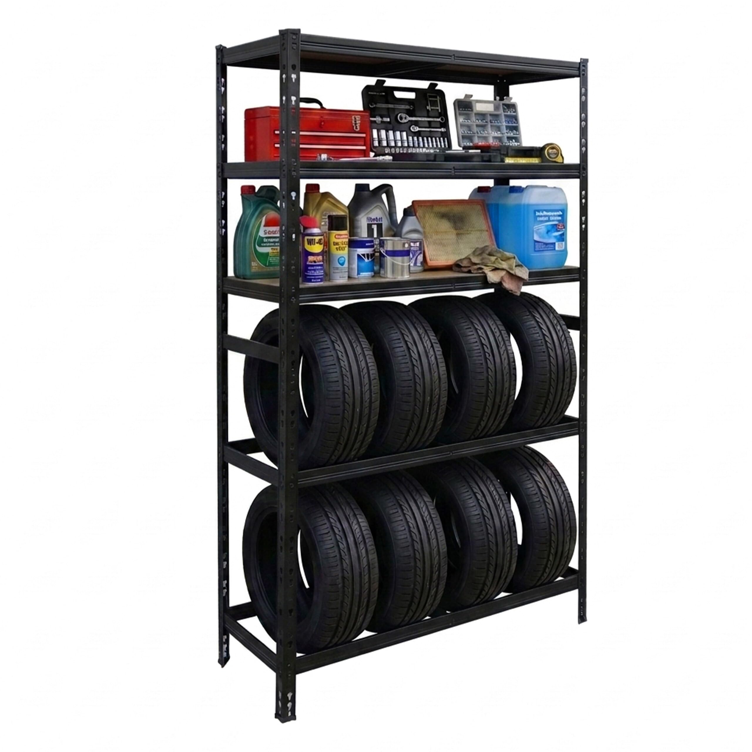 Relaxdays Étagère pour 8 pneus, HxLxP 210x110x40 cm, 750 kg, Acier, Montage emboîtable, Atelier, Noir