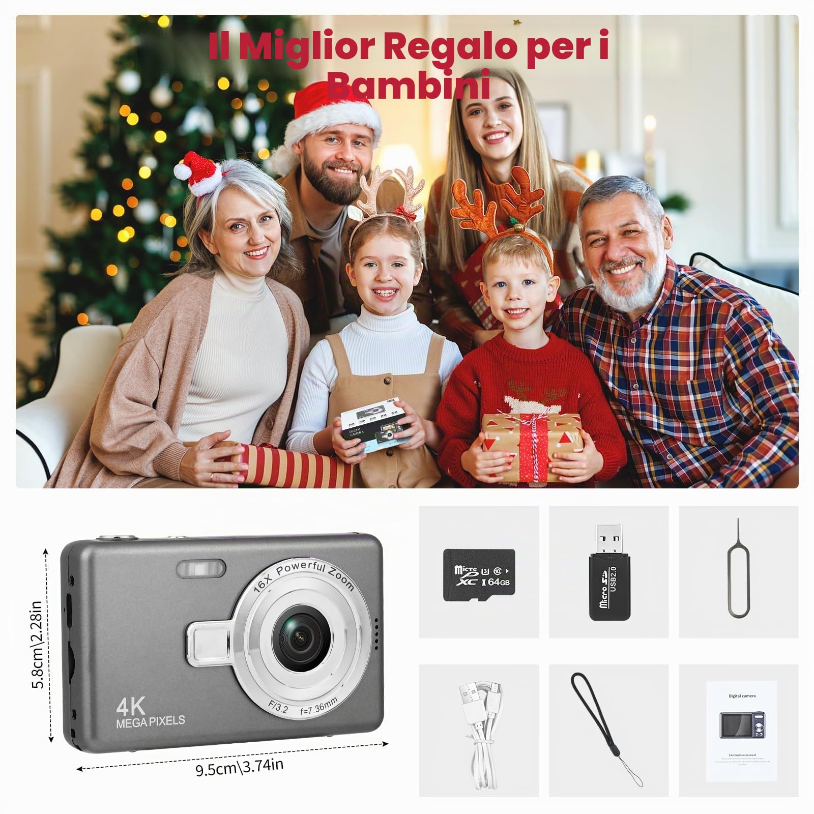 Macchina Fotografica Digitale con Scheda 64GB, 1080P 40MP Fotocamera Digitale Compatta con Zoom Digitale 8X Flash, Fotocamere Digitali Per Bambini Adolescenti Adulto Principianti (Grigio scuro)