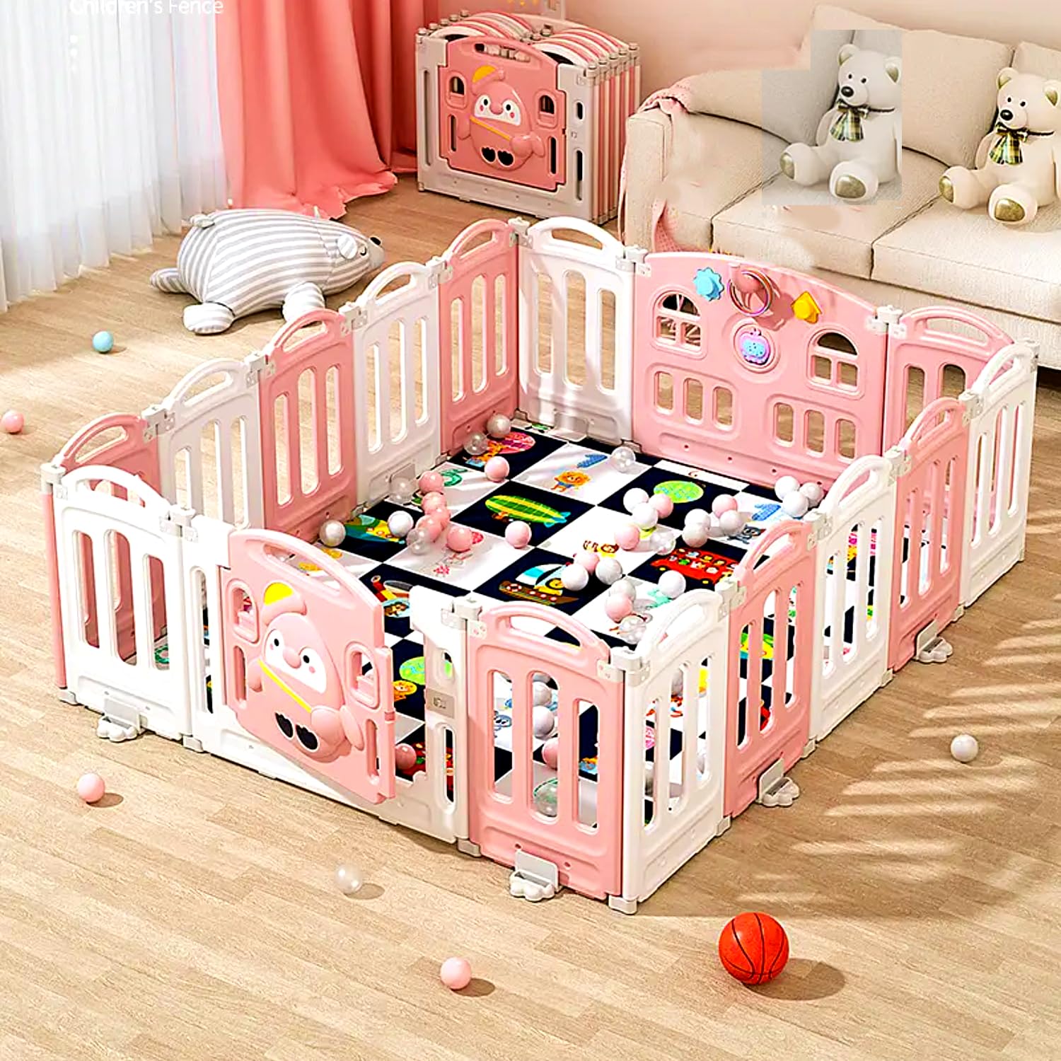 Hukimoyo 14 Panel Playpen for Babies Upto 5 Year Foldable Baby Fence Playpen with Mat & Balls Activity Play Yard for Kids Play Area Indoor Setup Fence for Toddlers Outdoor Playarea with Gate (5x5ft =25sqft)