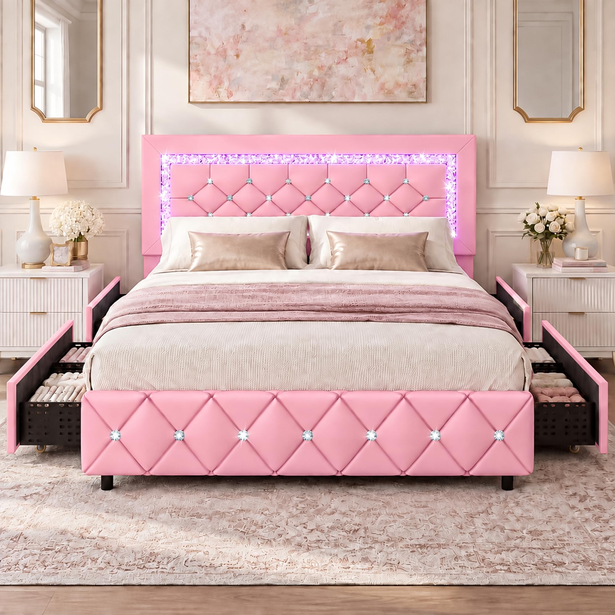 BarnFurin Full Size Bed Frame with LED Headboard and Storage Drawers