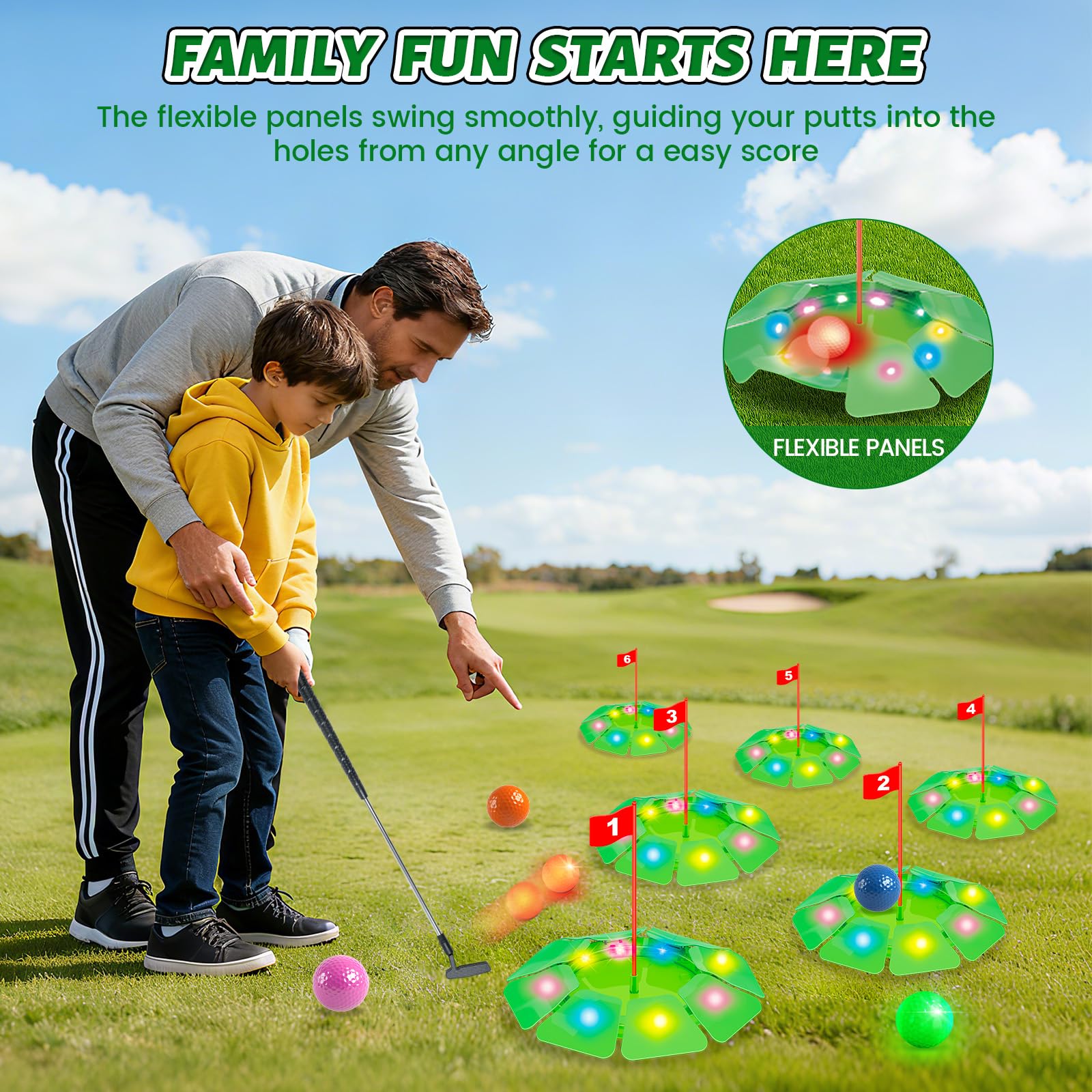 VATOS Light up Golf Putting Game Set, Glow Golf Toy with 6 LED Holes, 6 Balls (2 Glow), Extendable Putter - Image 2
