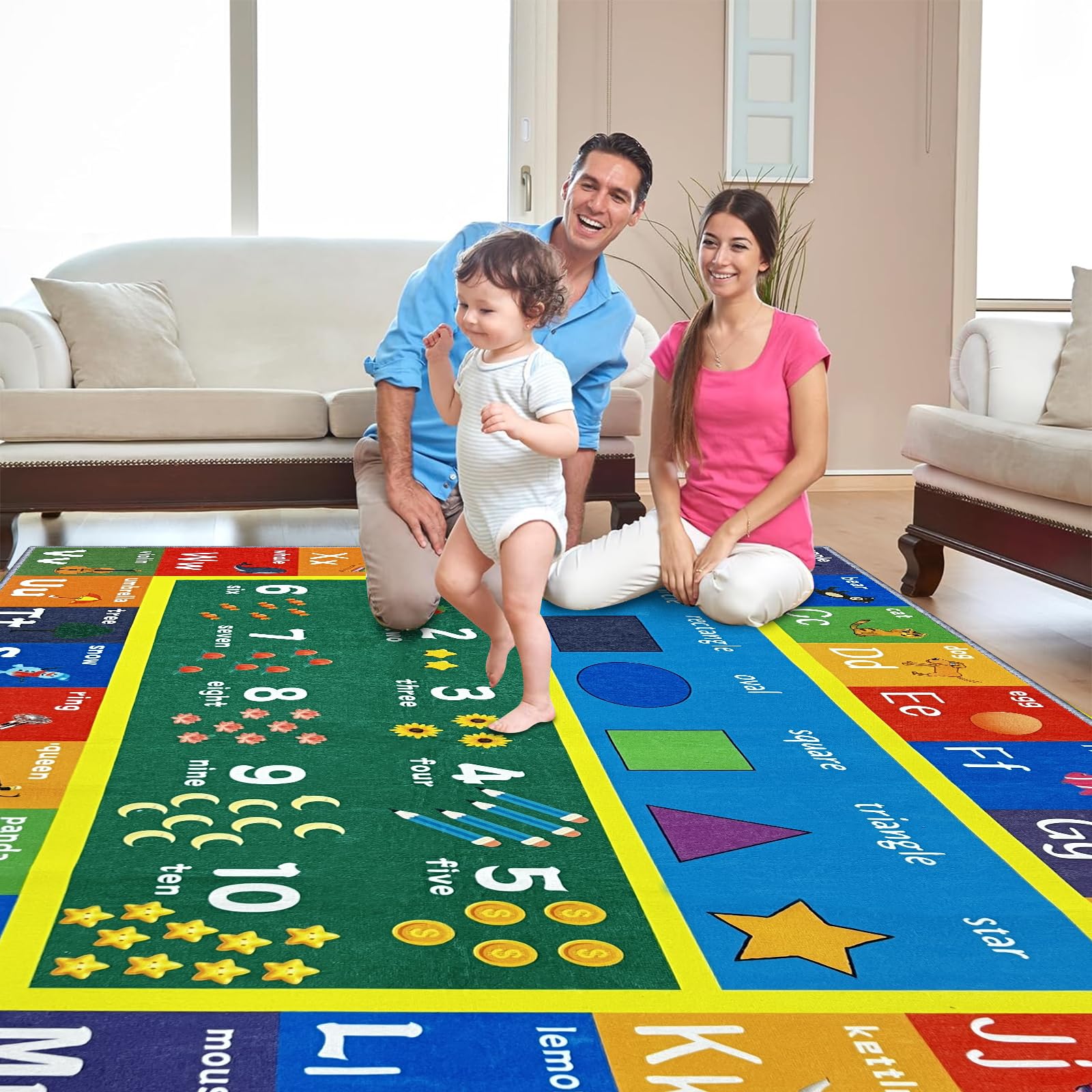 Lernteppich für Kinder, großes ABC-Alphabet und Zahlen, Lernteppich für Spielzimmer und Klassenzimmer, rutschfeste und waschbare Spielmatte, lustige und interaktive Bodenmatte (grünes