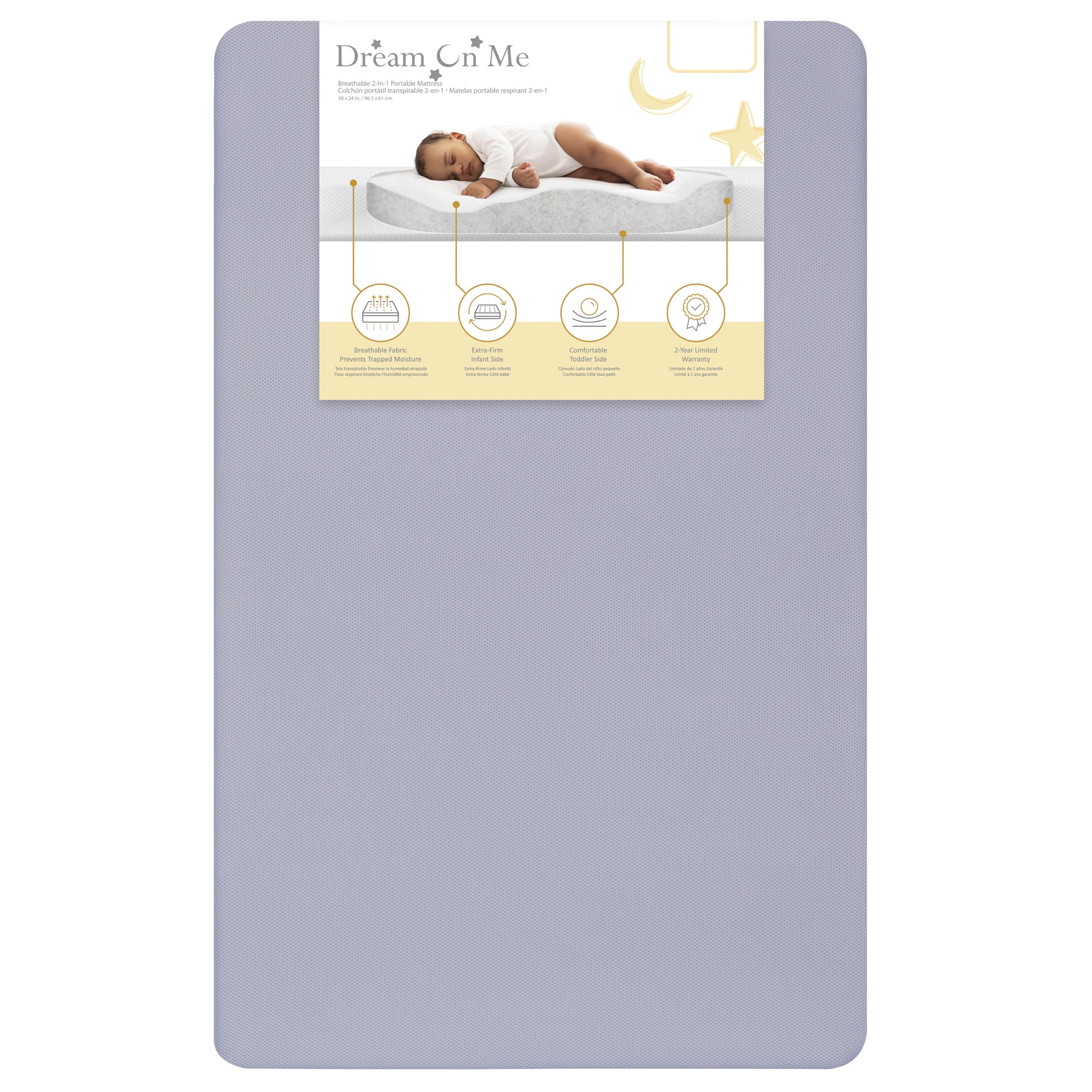 Dream On Me Snuggles Breathable Extra Firm Fiber Portable and Mini Crib Mattress in Periwinkle I Greenguard Gold Certified