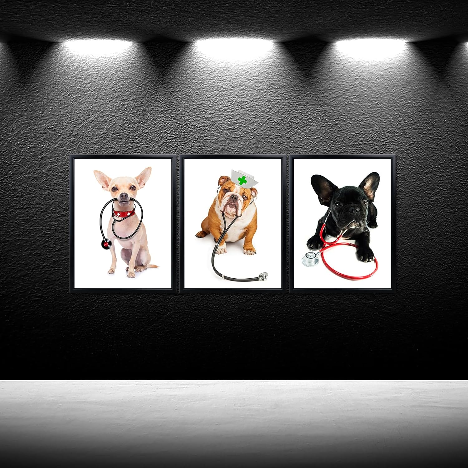iKNOW FOTO 3-Piece Dog Canvas Art Prints Set French Bulldog with Stethoscope, Chihuahua Vet Doctor, Bulldog Nurse Hat Posters for Veterinarian Office Pet Shop Hospital Wall Decor 12x16''