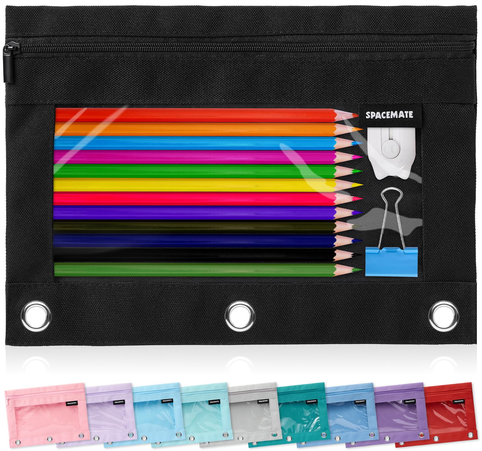 SPACEMATE Pencil Pouch for 3 Ring Binder, Clear 3-Hole Zipper Pencil Case