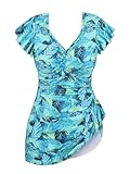 Plus Size Swim Suits for Women One Piece Bathing Suit Modest Swim Dress Tummy Control V Neck Ruffle Swimwear