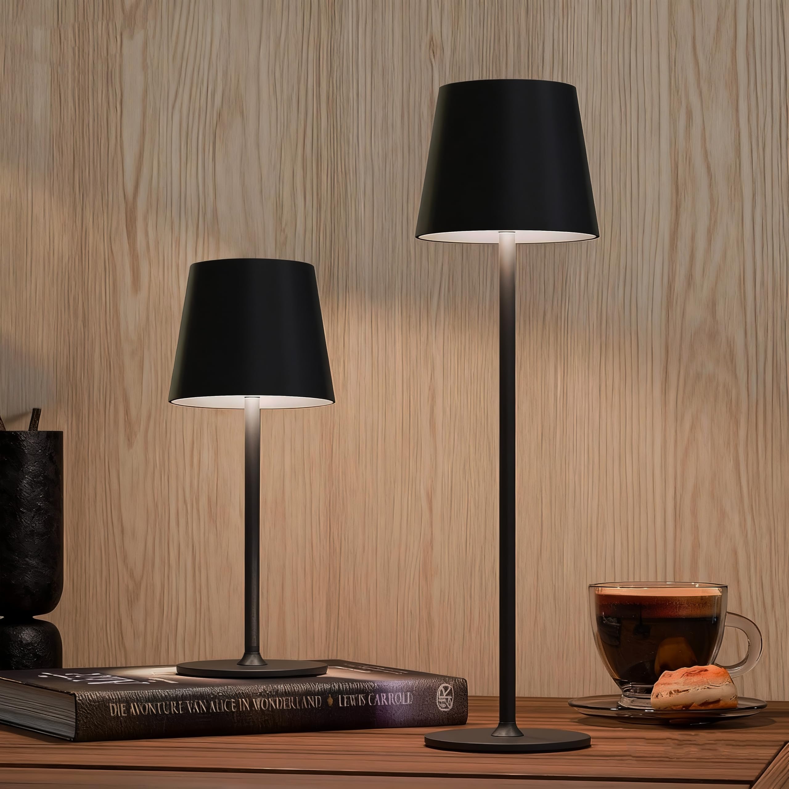 Seyxicnor Black 2 Pack Cordless Table Lamp With 320Lm-Adjustable Height, 5400Mah Rechargeable Table Light With Full Metal Lampshade Waterproof, 3 Color Dimmable Bedside Touch Lamp For Bedroom Restaurant Outdoor