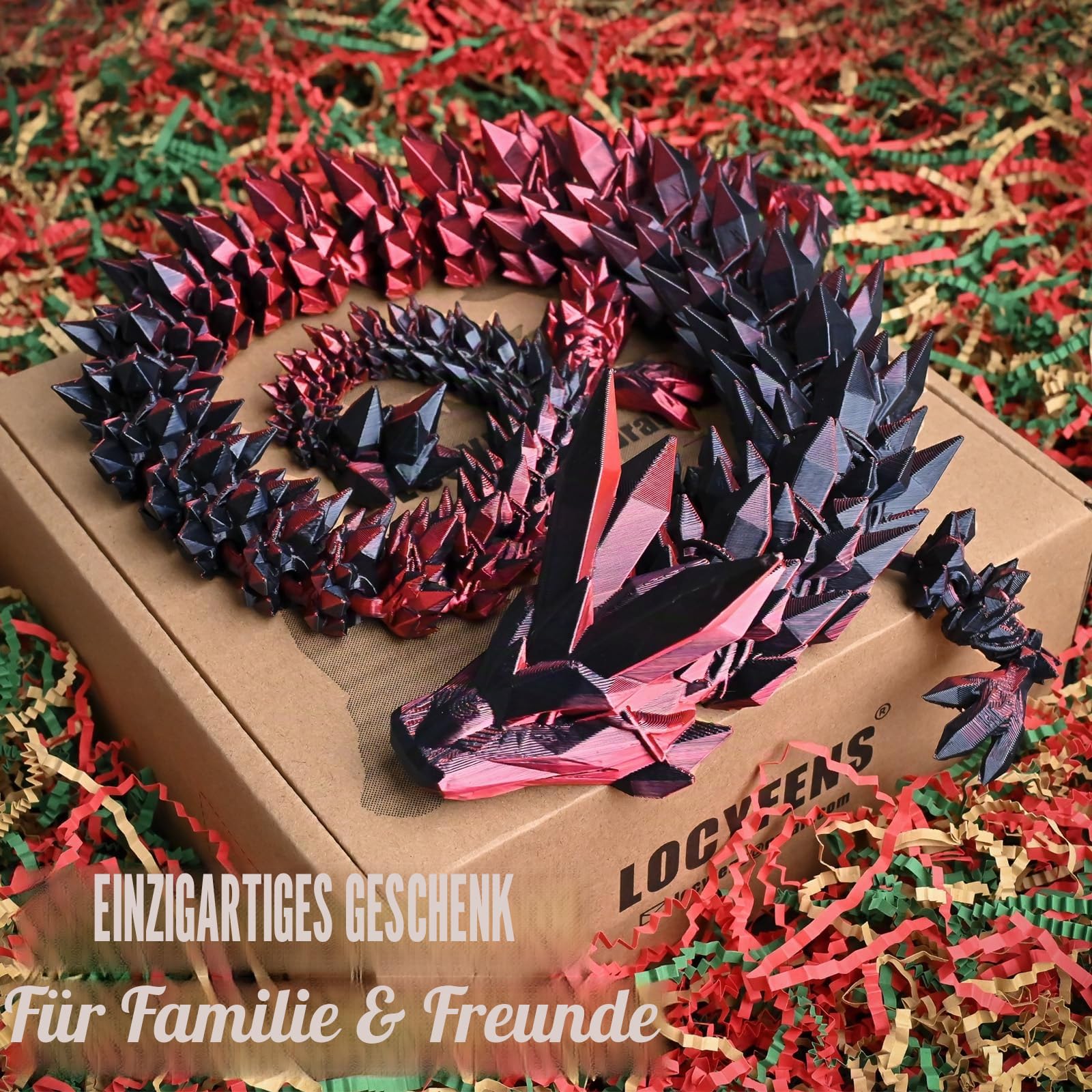 76 cm Großer 3D Gedruckter Drache – Bewegliches Drachen Spielzeug mit Flexiblen Gelenken, Riesiger Fidget Spielzeug als Schreibtischdeko Geschenk für Kinder Erwachsene（Rot Schwarz）