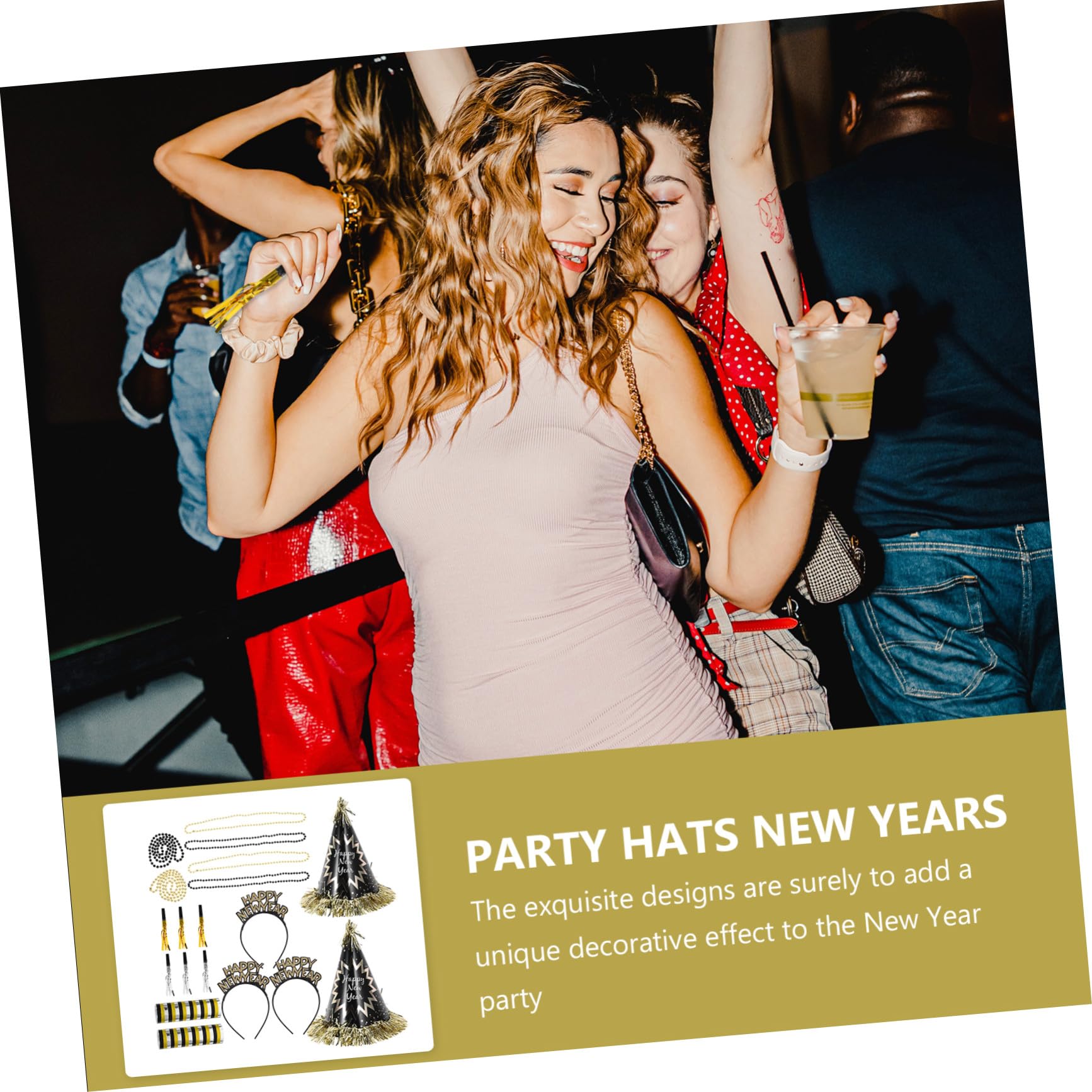 Neujahrs-partyset mit Silvesterhüten Kegelhüten Perlenketten und Haarreifen in Schwarz-gold für Festliche Dekoration und Kleine Geschenke zum Jahreswechsel