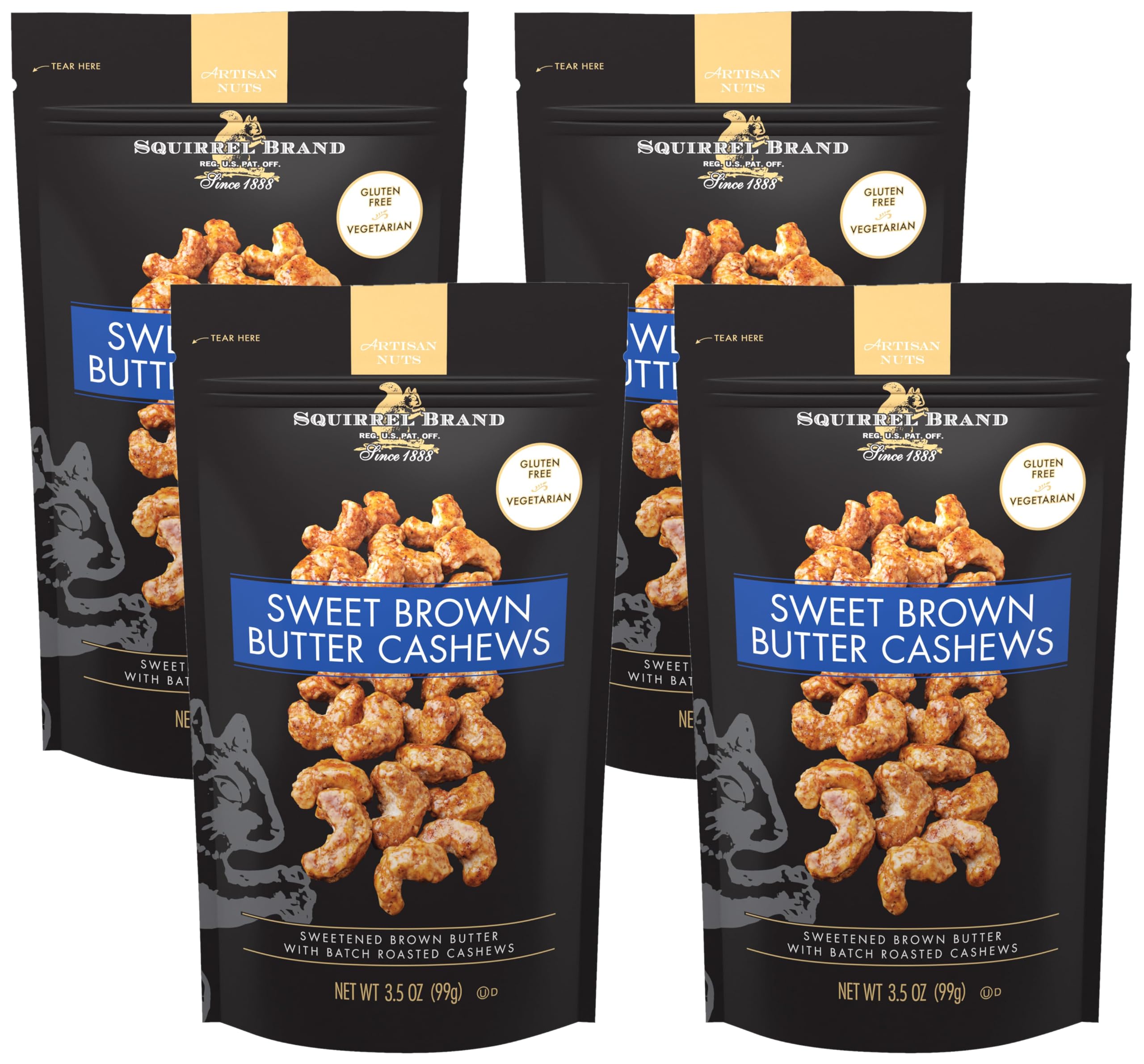 Squirrel Brand Sweet Brown Butter Cashews, 3.5 oz, Pack of 4 | Resealable Bag, Gluten Free, Vegetarian, Gourmet Roasted Cashews