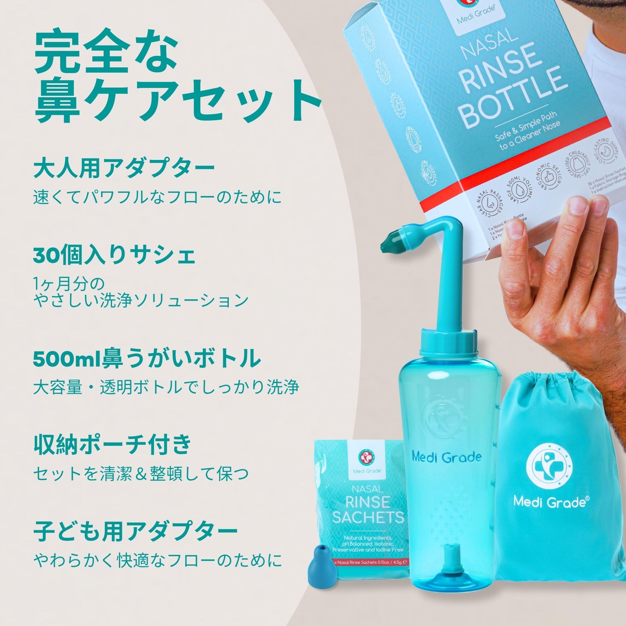 Amazon.co.jp: Medi Grade 鼻洗浄キット - 500ml ボトル、30 x 4.5g