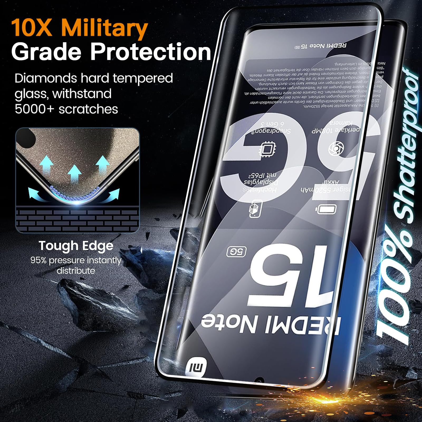 Pellicola Vetro Temperato per Xiaomi Redmi Note 15 5G, 2+2+2 Pezzi Interna TPU Pellicola Protettiva+ 9H Anteriore Vetro Temperato+ Pellicola Fotocamera