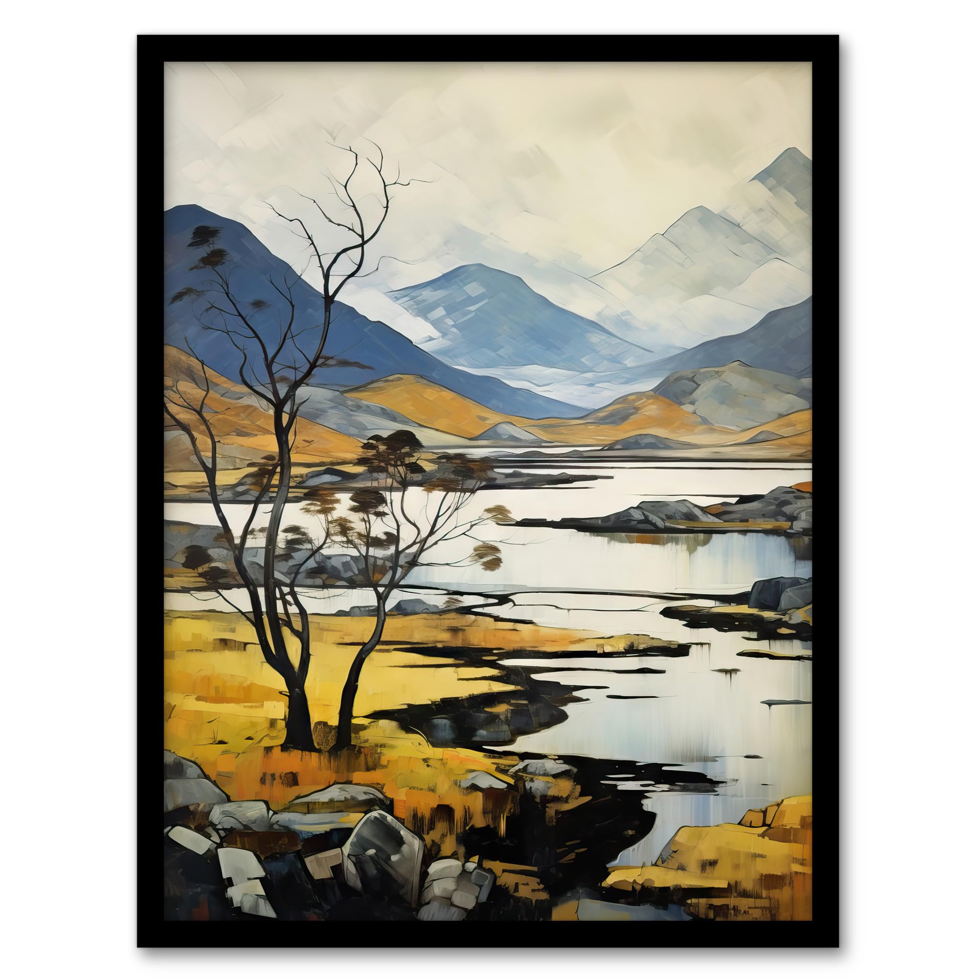 Artery8 Scottish Highlands In Autumn Oil Painting Ochre Blue Misty Mountains And Serene Lake Artwork Framed Wall Art Print A4