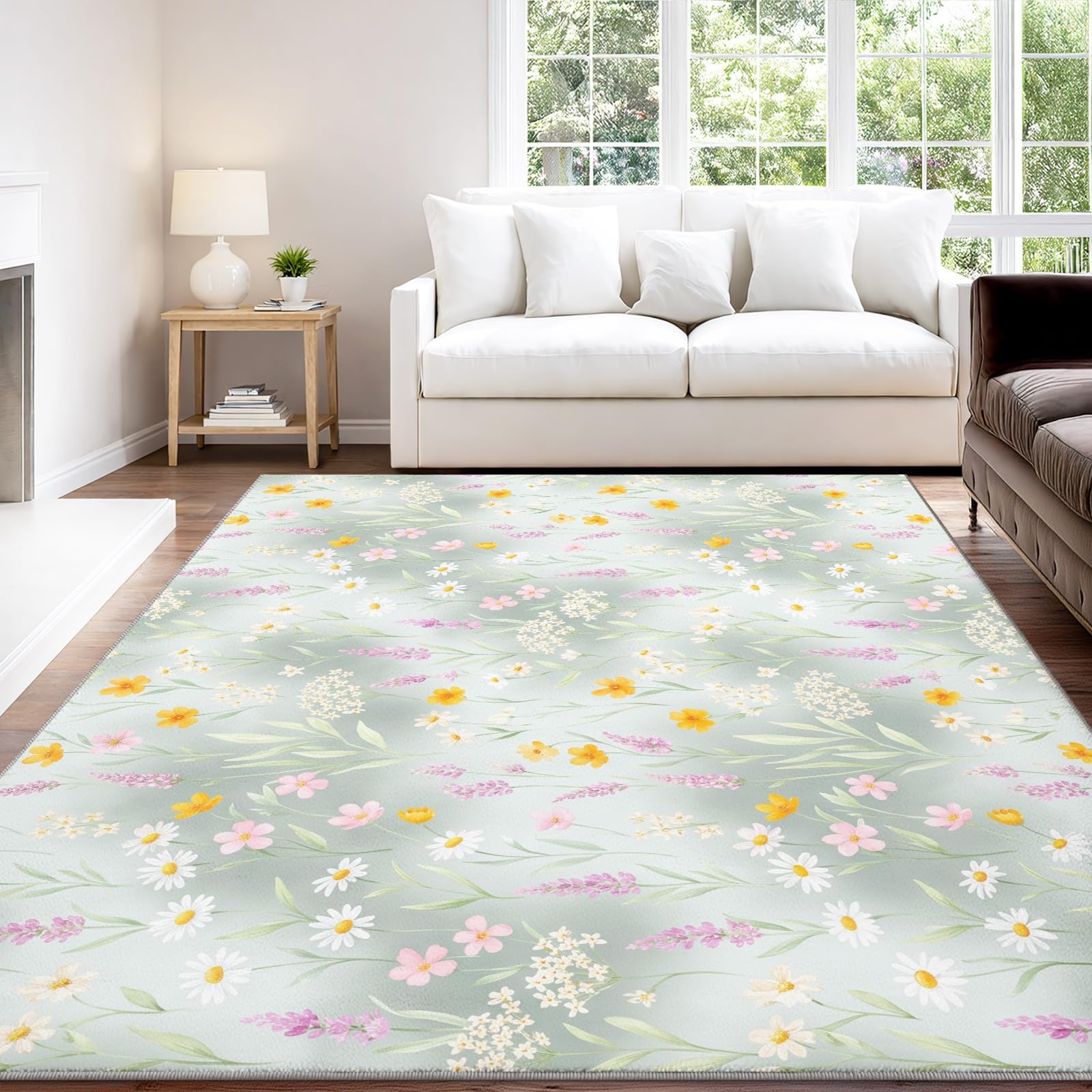 Générique Tapislavables 60 x 120 cm, Moquette d’Accent antidérapante Moderne Élégant avec Motif en Rayures Fleurs Moquette intérieure à Poils Bas pour Salon
