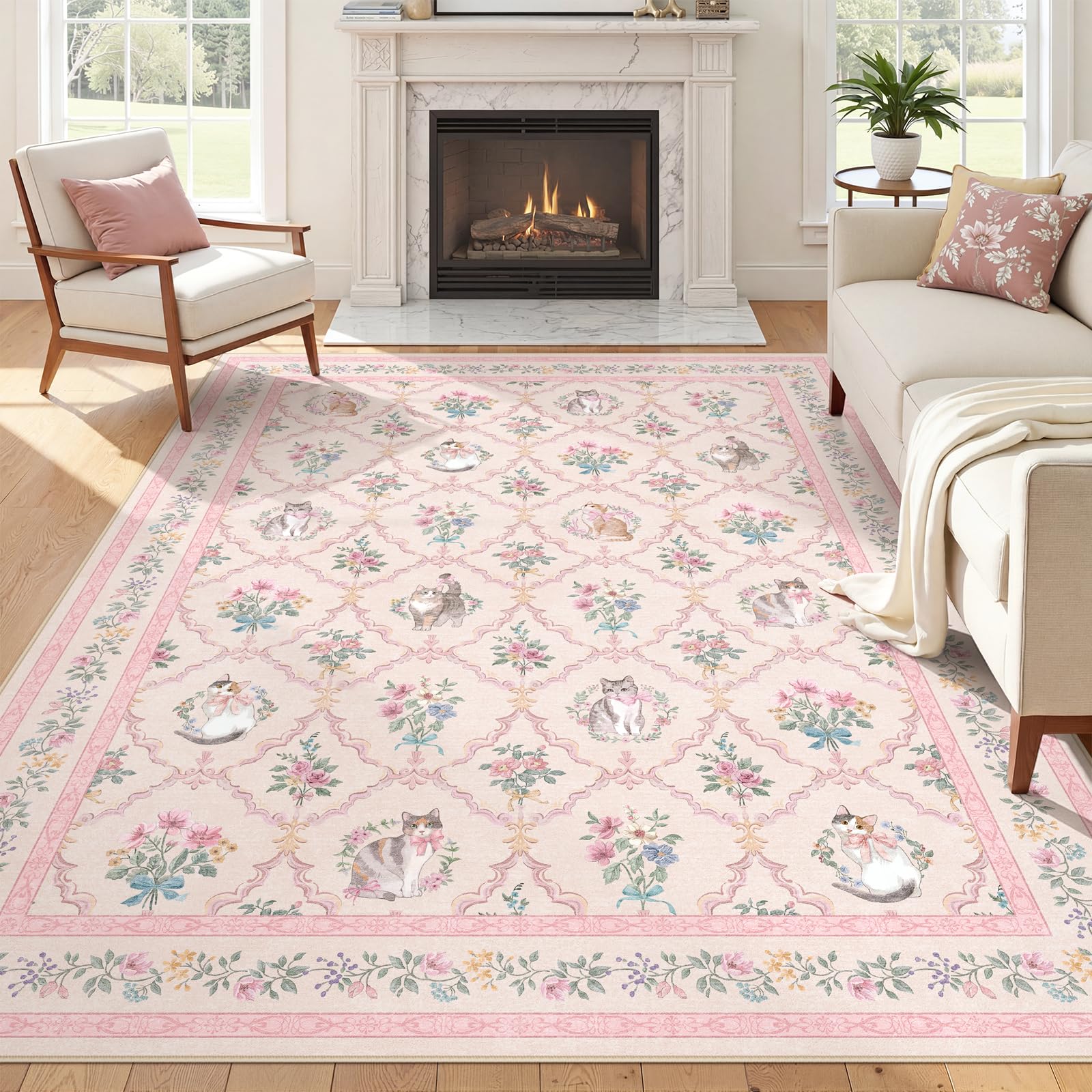 Amazon.com: Kiginara 6x9 Pink Floral Cat Rug for Girls Bedroom