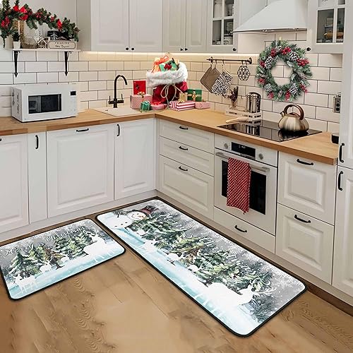 Miniatura 7 de Juego de 2 tapetes de cocina verdes de Navidad, decoración de Navidad antideslizante, ciervo, muñeco de nieve, alfombras de cocina de invierno,