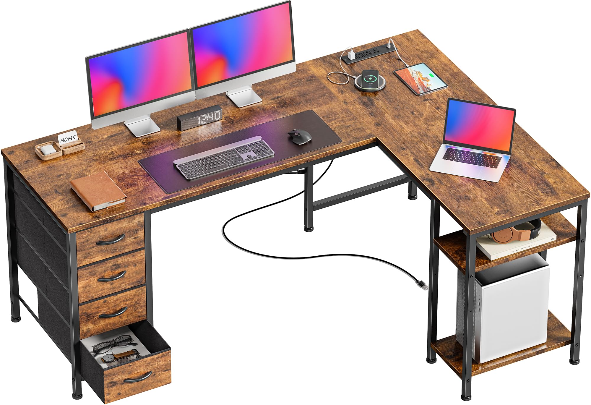 Huuger 55 Inch L Shaped Desk with Fabric Drawers, Reversible Computer Gaming Desk with Power Outlets and USB-C Port, Adjustable Side Storage Shelves,