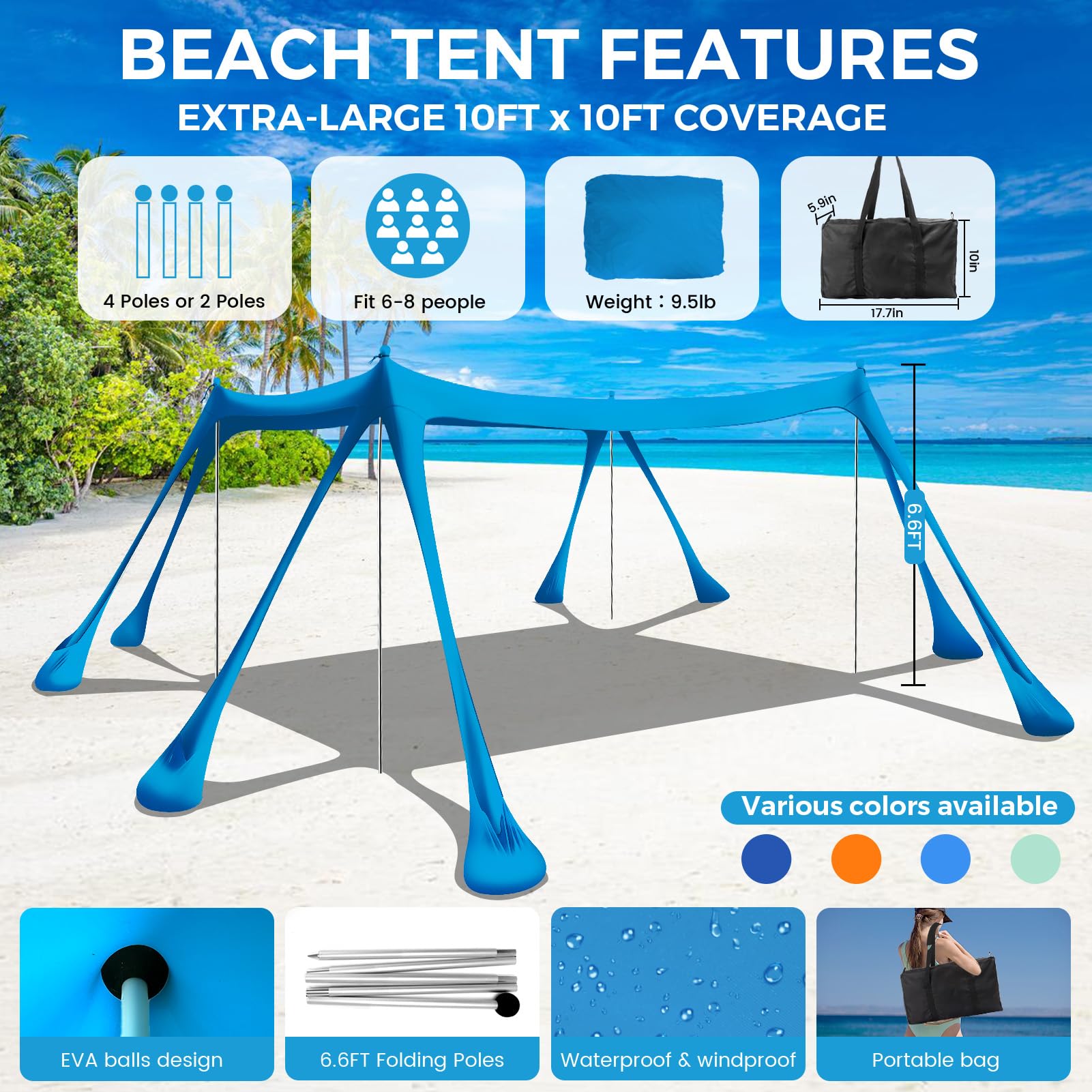 Large Beach Tent Canopy Pop Up Shade 10x10ft Sun Shelter Portable with UPF50+ UV Protection 8 Sandbags 4 Aluminum Poles 2 Sand Shovel Ground Pegs Carrying Bag for Outdoor Camping Fishing Yard Picnics