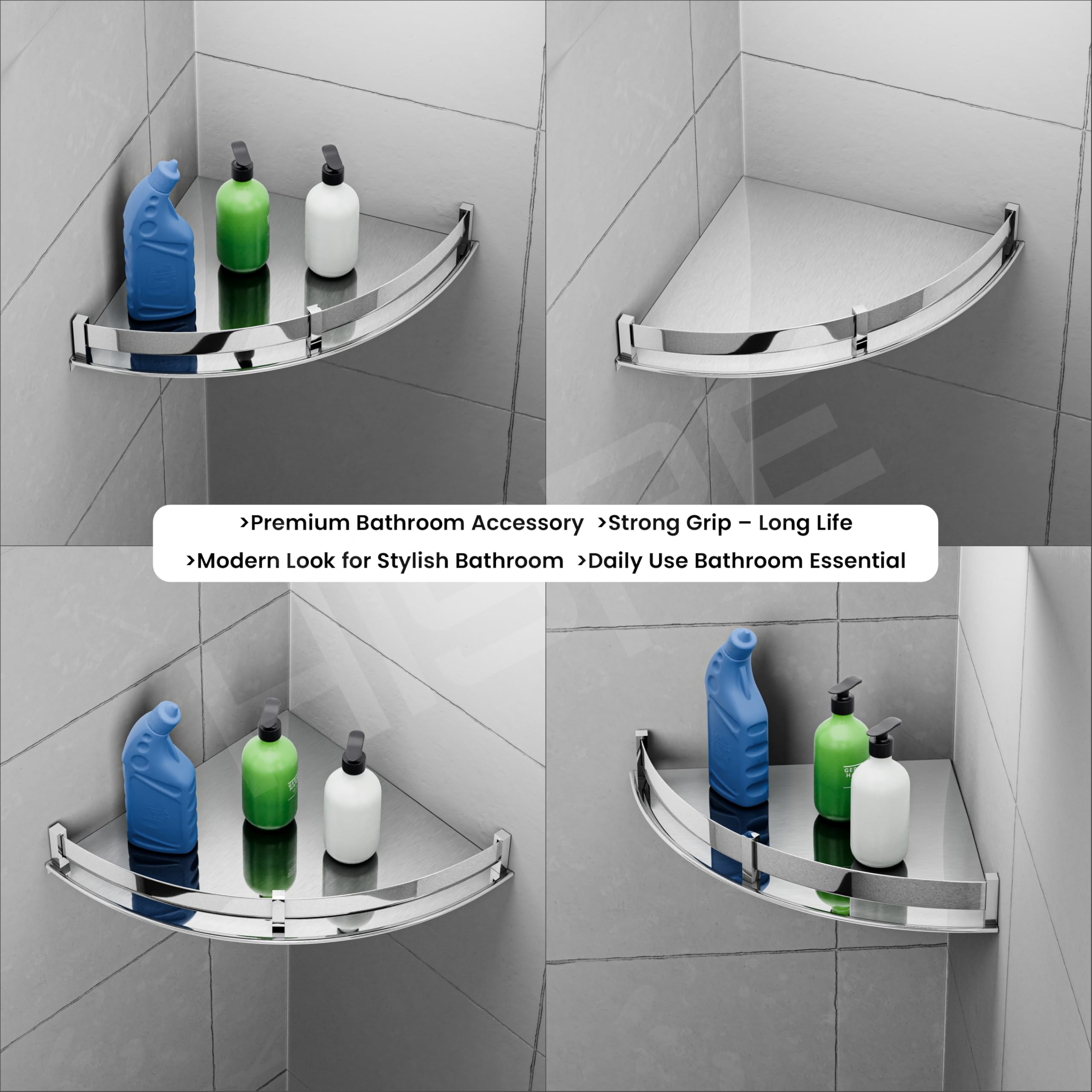 HISRE Wall-Mounted Corner Shower Shelf with Tempered Glass Tray & Polished Chrome Guard Rail | Space-Saving Bathroom Organizer for Shampoo, Soap & Toiletries, photo 5 of 5