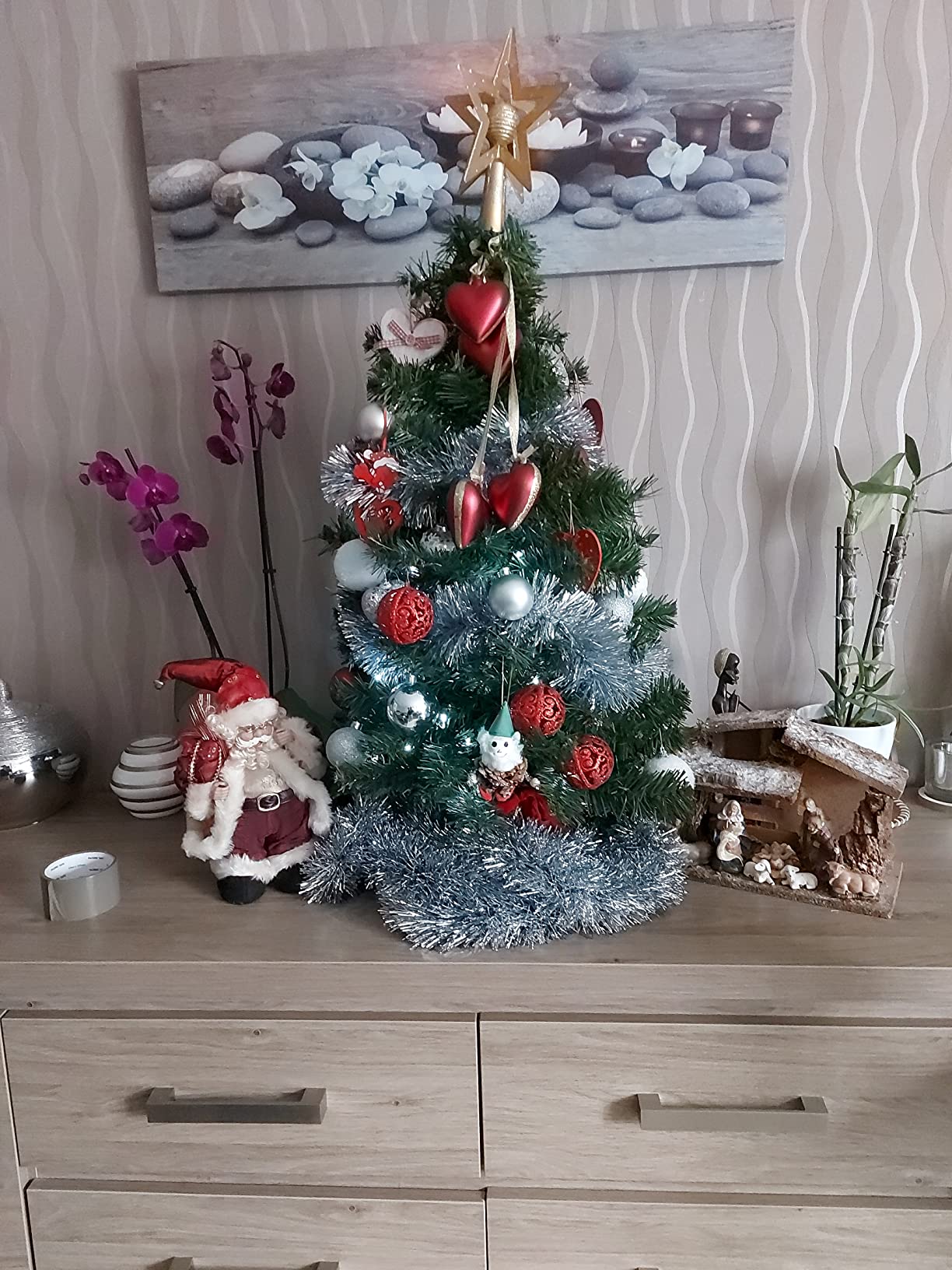 Mini Sapin Artificiel VARSOVIE, Sac Doré, LEDs, 90cm, 50cm - Faux Arbres