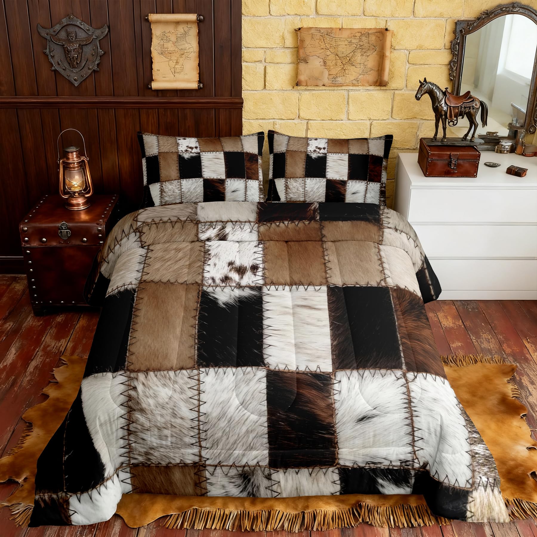 3D Cow Fur Print Comforter Set Cowhide Patchwork Plaid Bedding Set Western Farmhouse Animals Quilted Duvet 3pcs for Teens Girls Boys Men Room Decor