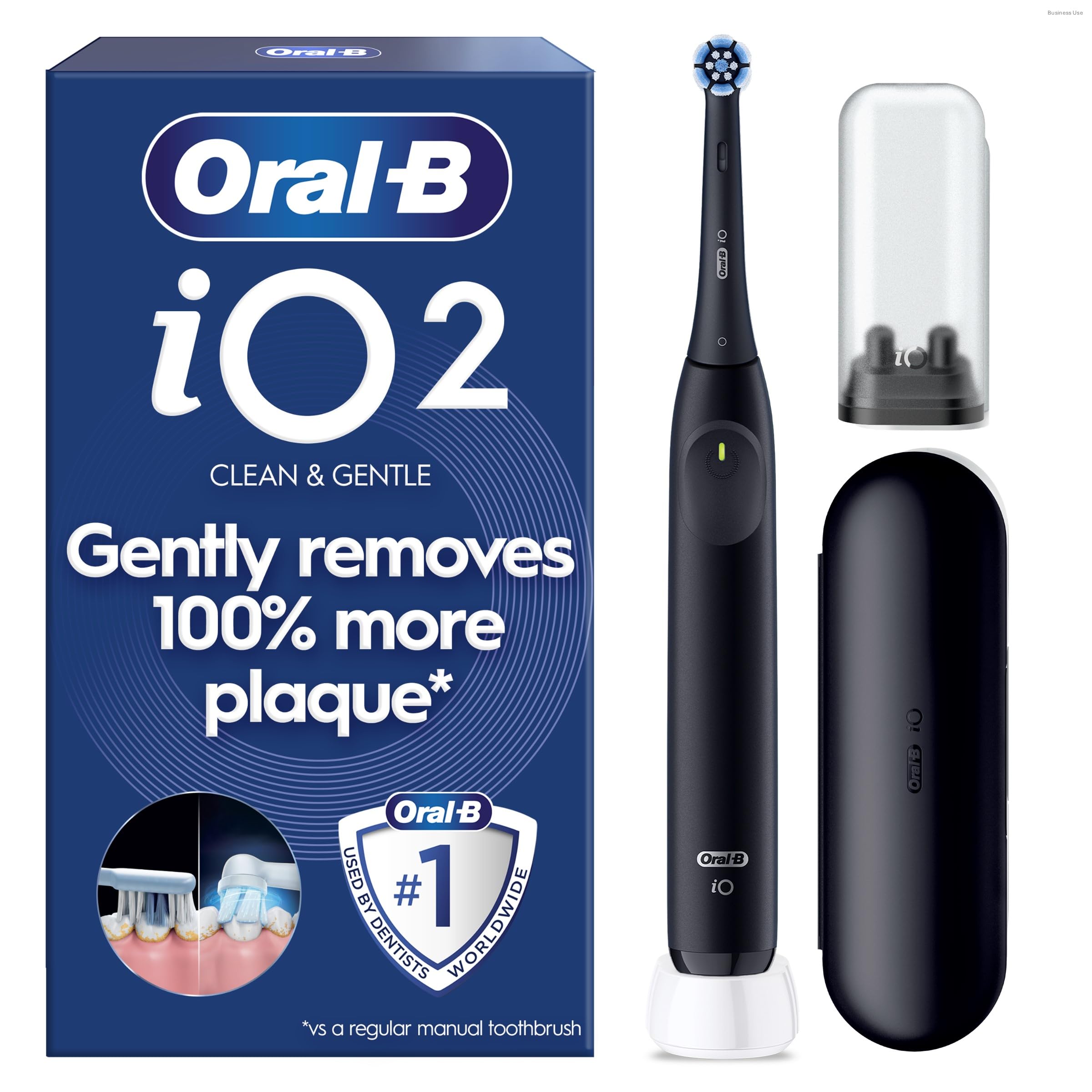 Oral-B iO2 Electric Toothbrush for Adults, Night Black, Long-Lasting Battery for Travel, Includes Gentle Care Brush Head, Travel Case and Refill Holder, Easy Switch to Electric Brushing, 2 Pin Plug
