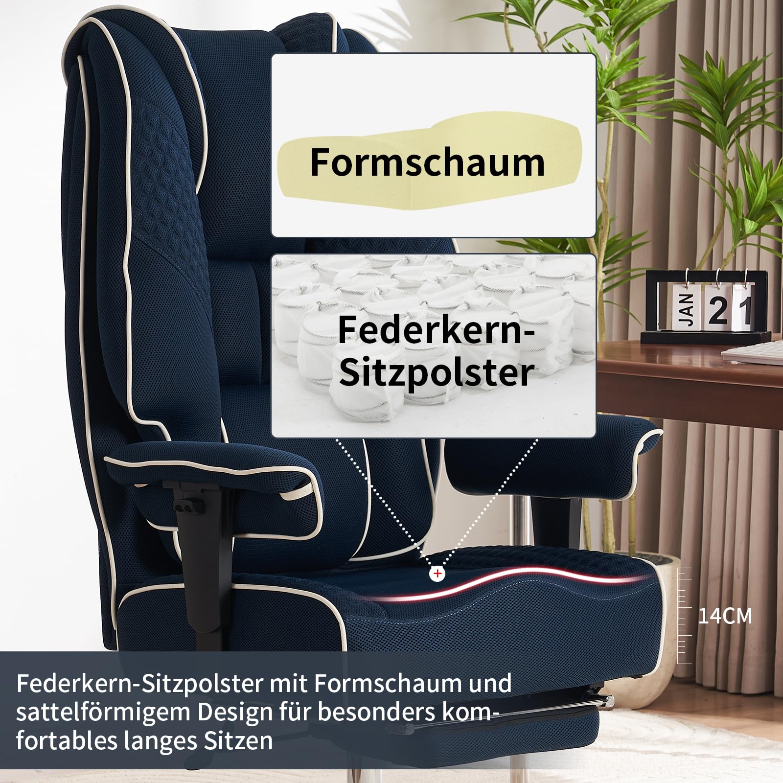 EXCEBET Chefsessel Bürostuhl Ergonomisch 200kg, Schreibtischstuhl mit Fußstütze und Atmungsaktivem Mesh, Hochlehner mit 14cm Taschenfederkern, Drehstuhl mit Höhenverstellbaren Armlehnen (Dunkelblau)