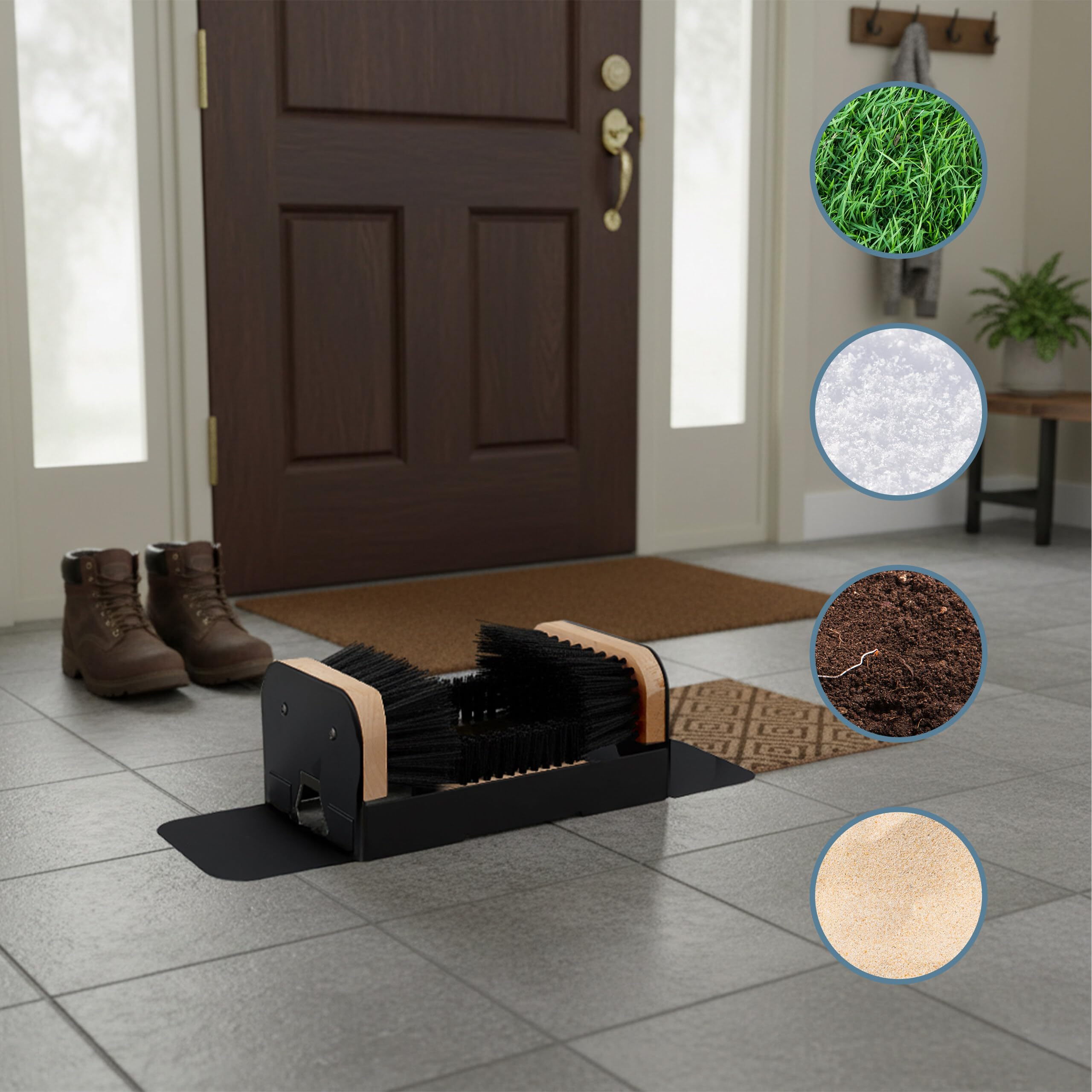 Relaxdays Gratte-Pieds avec brosses Tout Autour, paillasson extérieur, Poils résistants, Fixation au Sol, Noir/Naturel