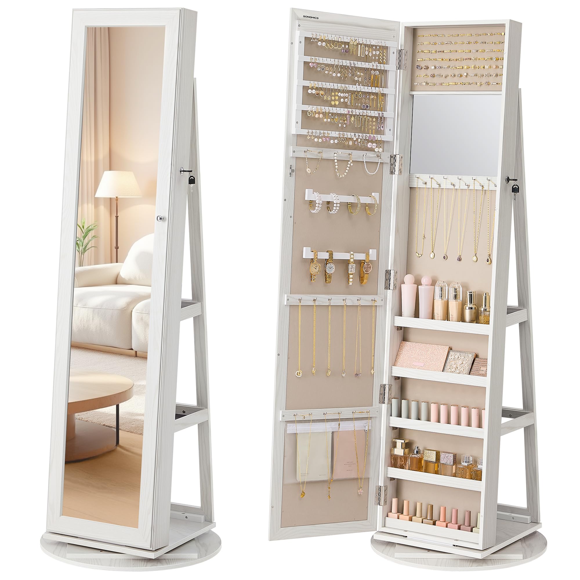 SONGMICS Jewellery Organiser, Freestanding Jewellery Cabinet with Full-Length Mirror, 360° Swivel, Storage Shelf, Lockable with Keys, for Bedroom, Gift Idea, Grey Wood Grain Finish, White JJC062W101 — image 1