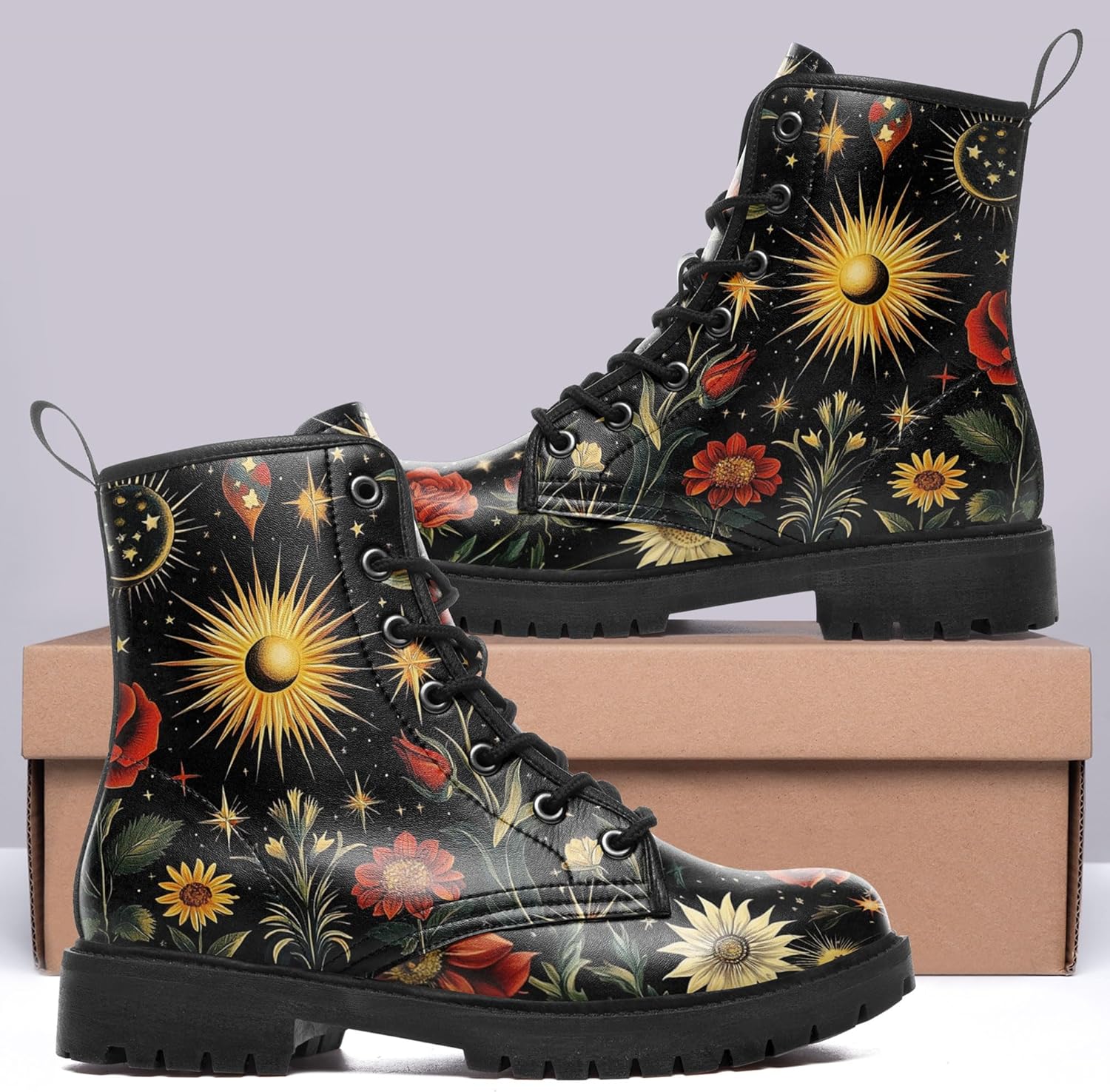 Womens Mushroom Floral Combat Boots - Witchcore Forest Goth Boots Chuncky Heel Vegan Leather Fashion Lace-Up Black Ankle Booties
