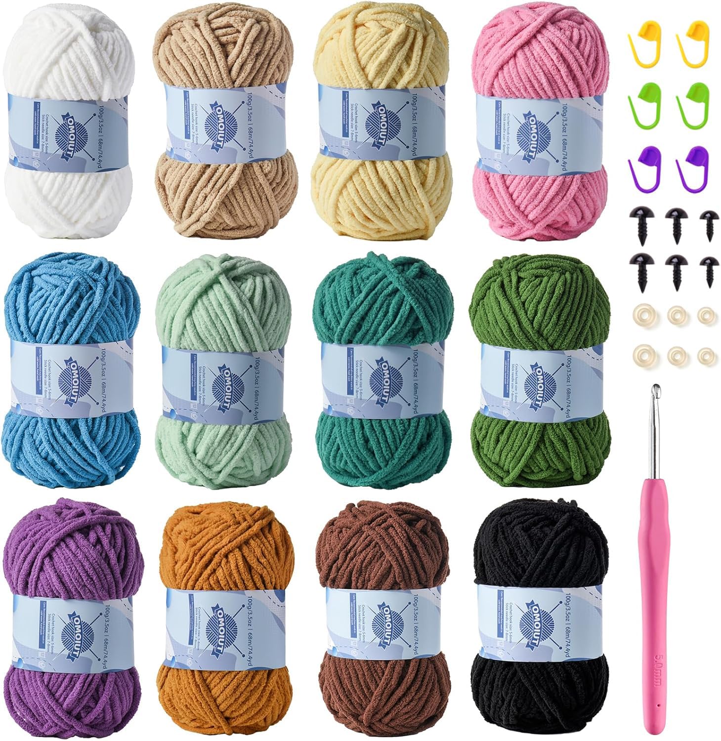 12 Pack Fluff Chenille Chunky Yarn for Crocheting Premier Puzzle - Velvet Baby Crochet Yarn with Black White Purple Pink Blue Coffee Red Premier Khaki Yellow Amigurumi Yarns Set B