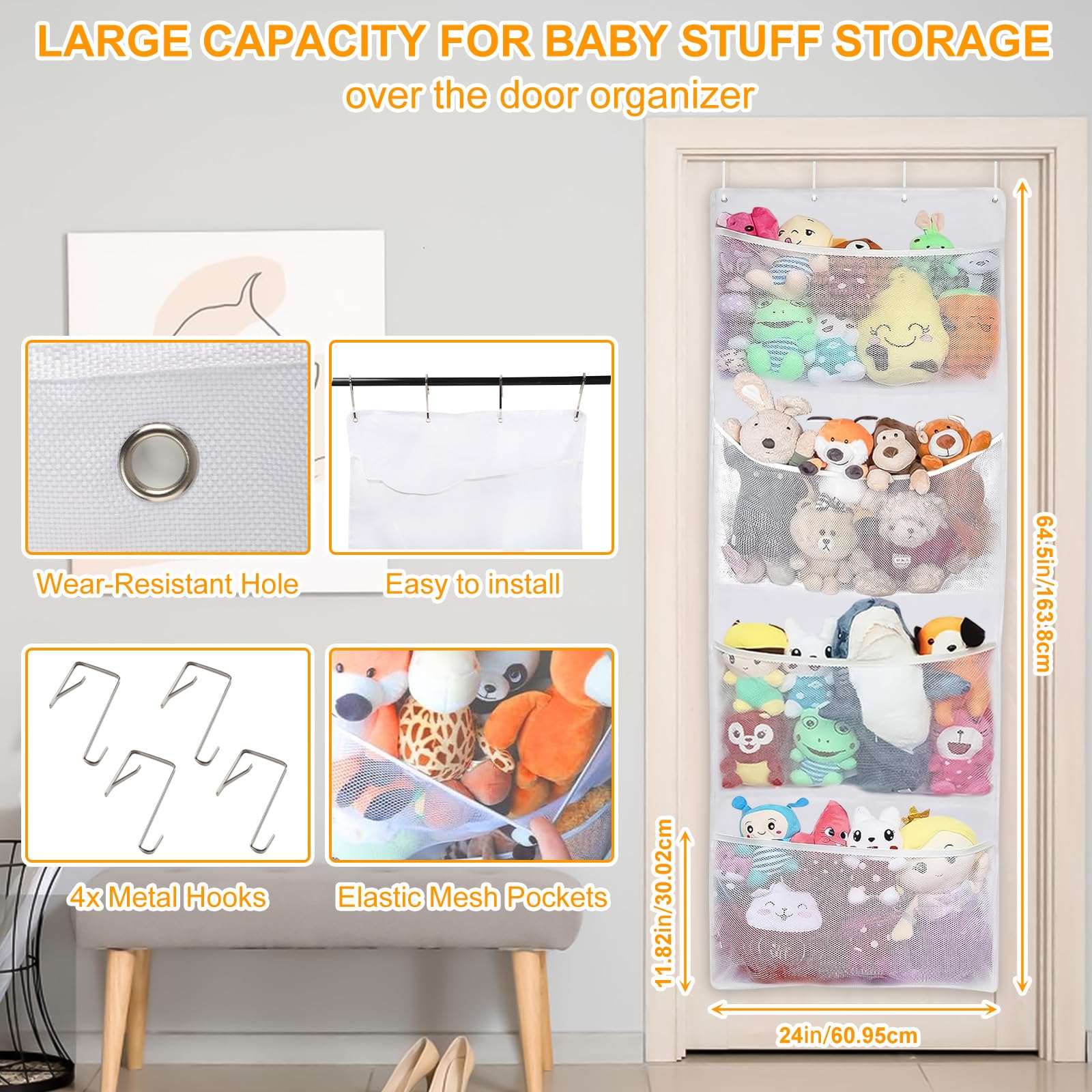 Yabound Stuffed Animal Storage, Over The Door Organizer with 4 Large Pockets for Closet Baby, Plush Toy - Image 2