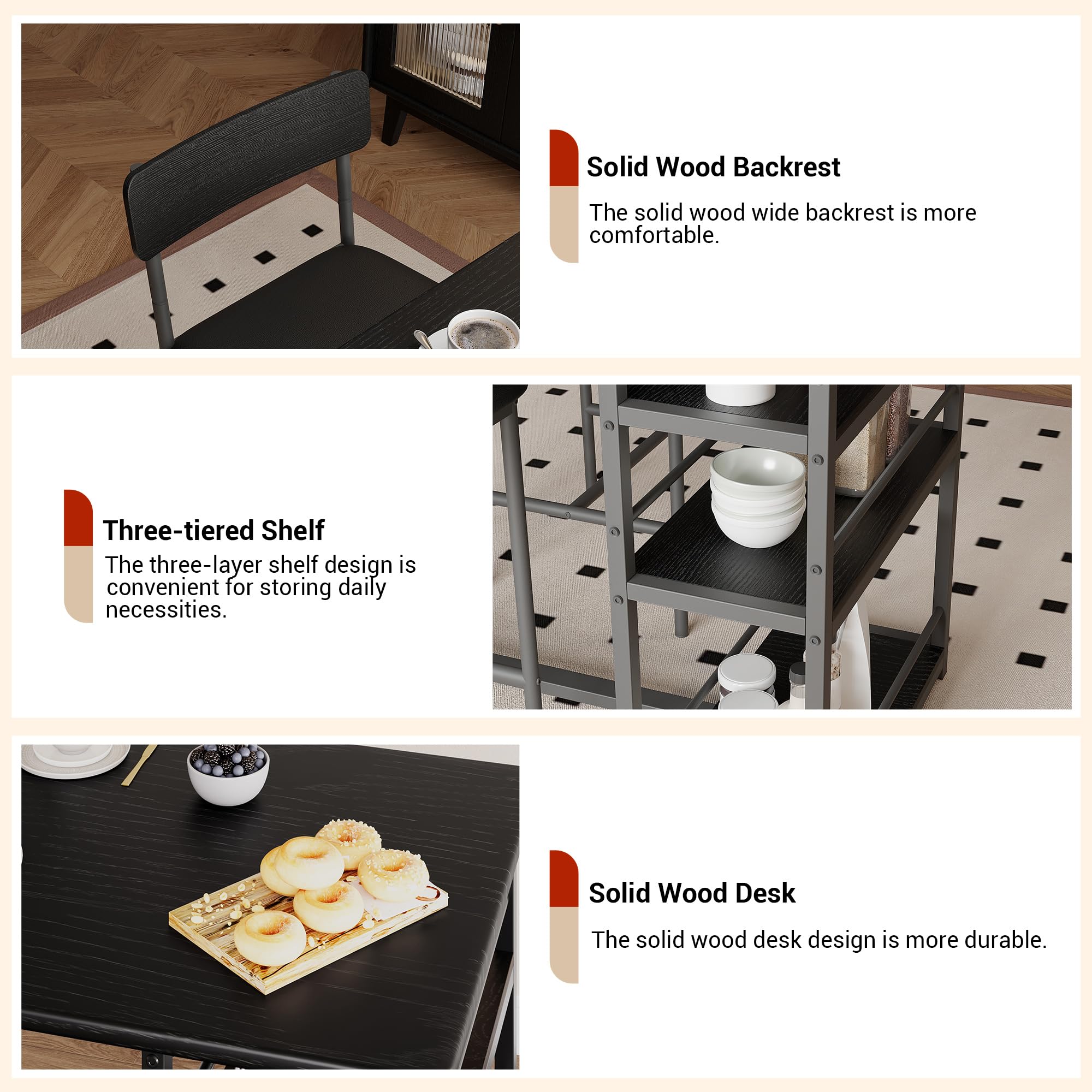Set Tavolo da Bar con 2 Sgabelli Imbottiti e Tavolo Alto con 3 Ripiani di Stoccaggio, Set Tavolo da Cucina Salvaspazio per Piccoli Spazi, Tavolo da Pranzo per Casa, Bistrò e Monolocale, Nero