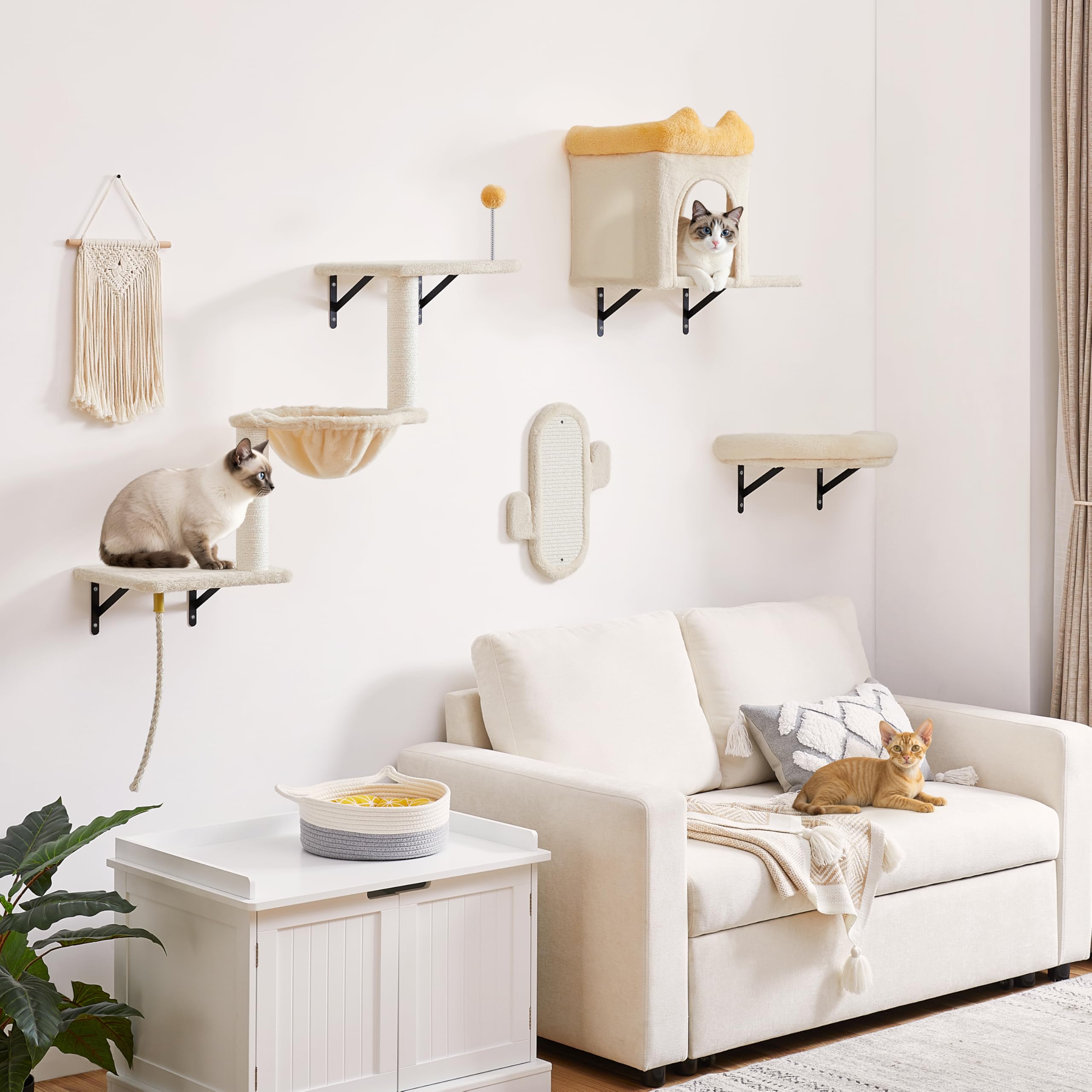 Yaheetech Mensole e Piattaforme per Gatti 4 in 1 da Parete Set Modulari con Cuccia Amaca Tiragraffi e Cestino Mobili da Parete Compatto per Gatti da Interno (Beige)