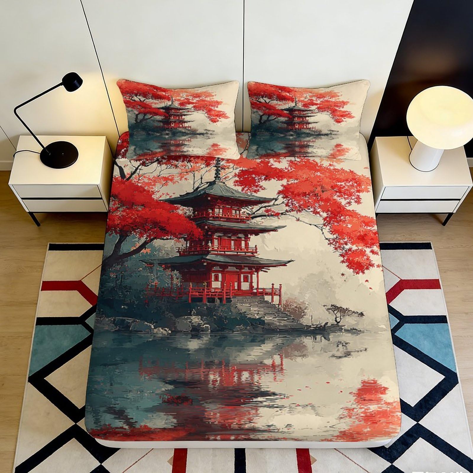 3D Printed Japanese Pagoda Fitted Sheet Microfiber Soft Durable Red Tree Bed Cover for Bedroom Dormitory Guest Room Mattress Protection 200x200x25cm