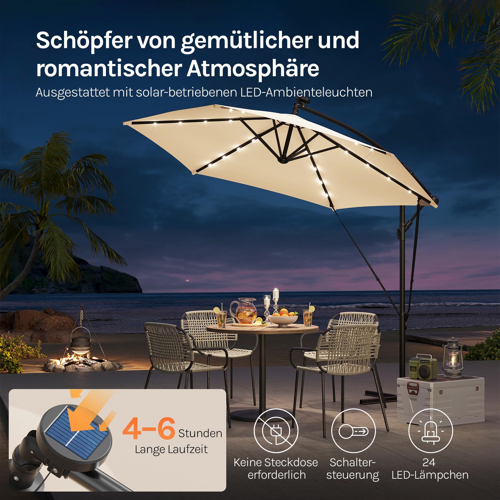 WOLTU Sonnenschirm 300 cm, mit Solar-LED-Beleuchtung, Ampelschirm rechteckig 360° drehbar, Sonnenschutz UPF 50+, mit Windschutzseilen Schutzhülle, für Balkon Garten Terrasse, Beige