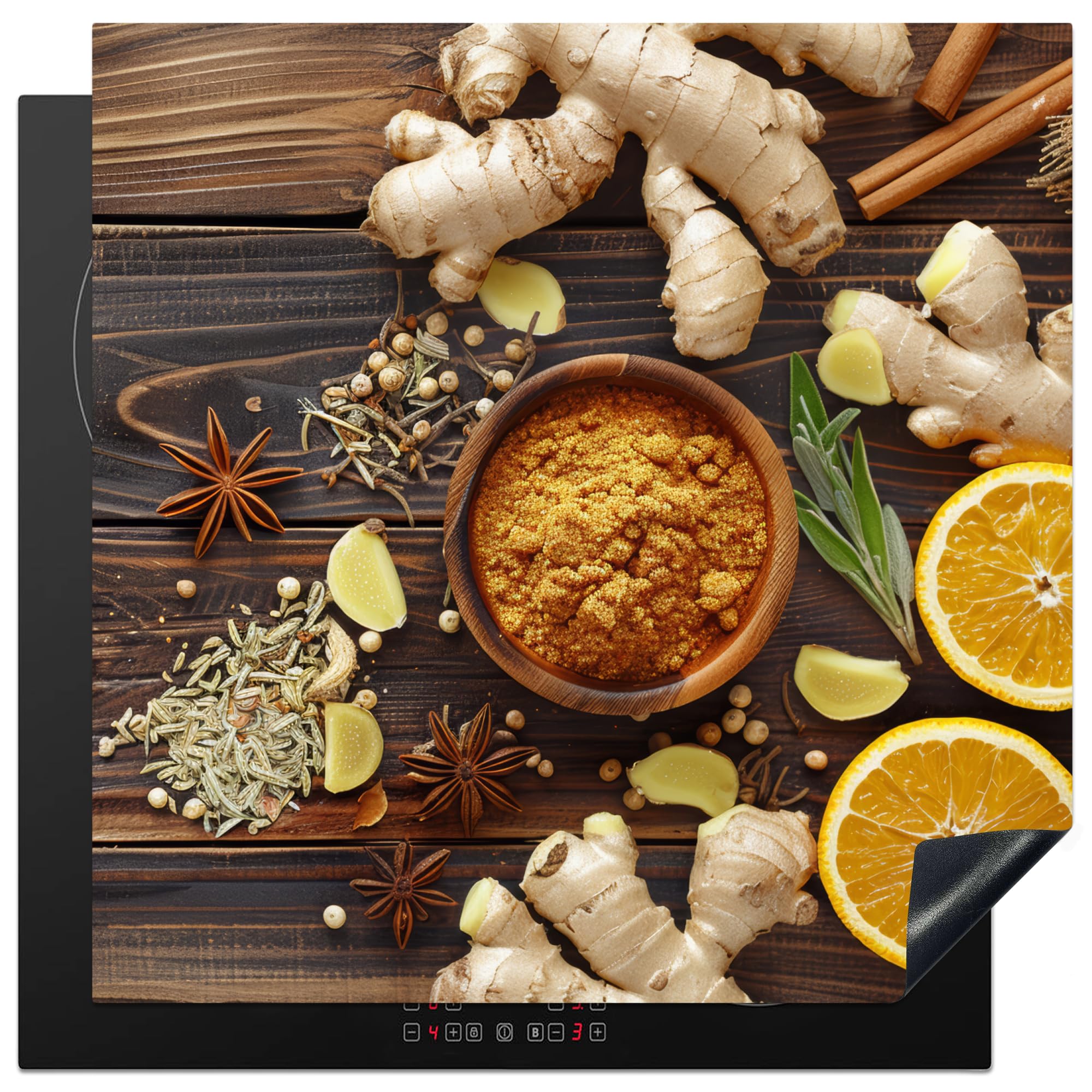 KitchenYeah© Induction Hob Protector Mat 30.7"x30.7" / 78x78 cm Cooker Top Protectors Cover Ceramic Covers Electric Hobs Vinyl Spices - Ginger - Lemon - Spices - Still Life - Wood Print