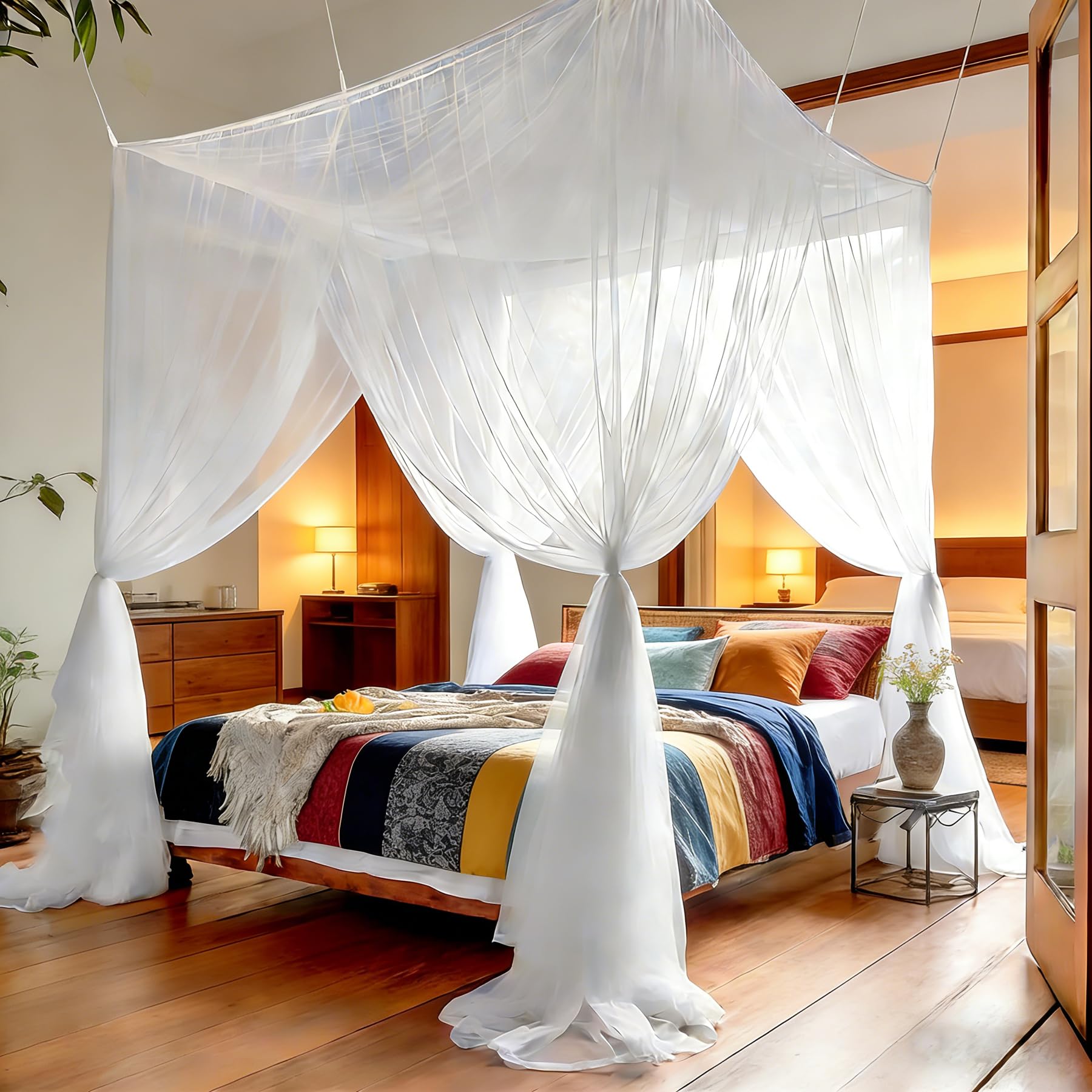 SUODAO Mosquito Net, 190*210*240cm White Mosquito Net for Bed Portable Bed Canopy for Single Double King Size Bed with fine mesh four poster bed canopy for Indoor Outdoor Traveling Camping (White)