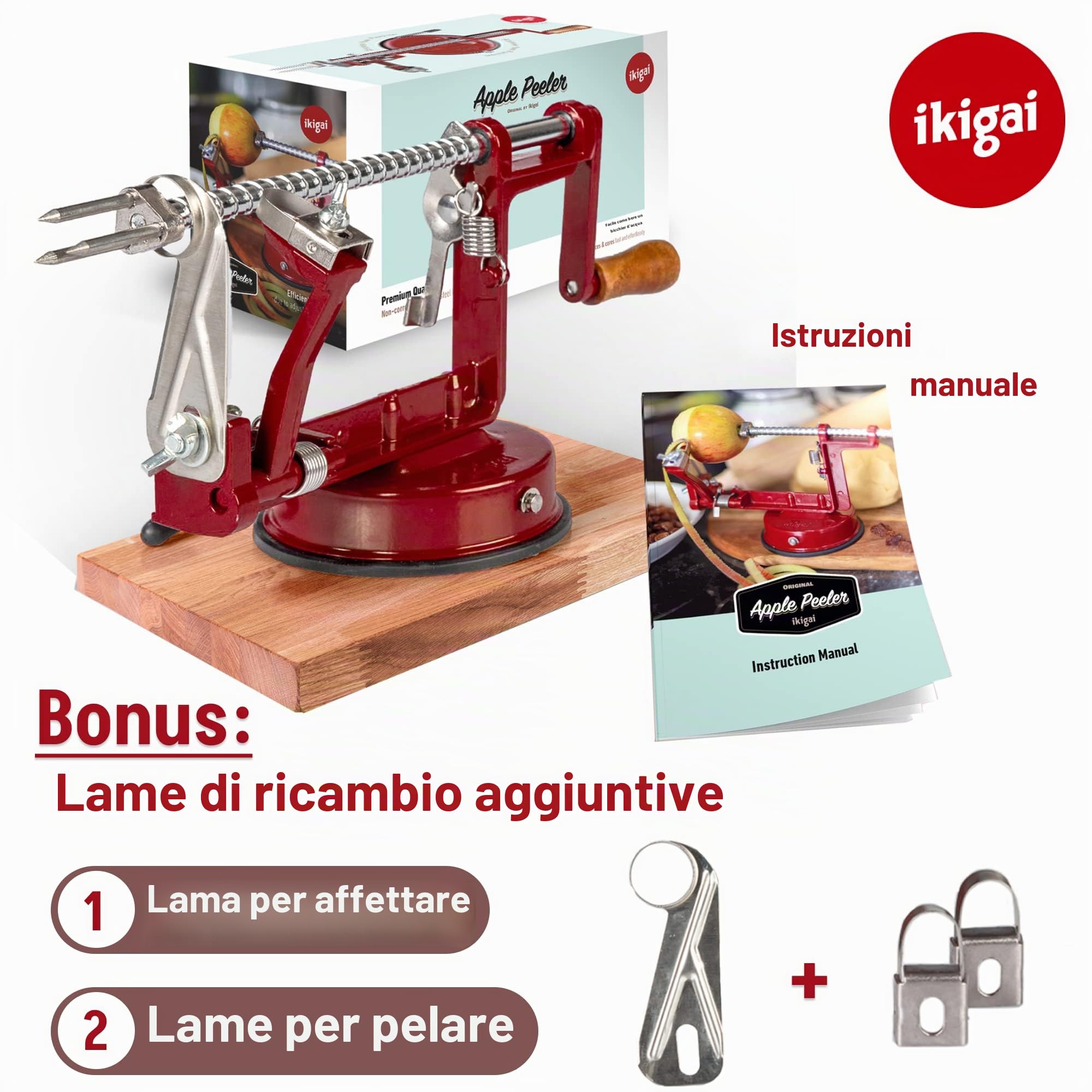 Ikigai Sbuccia Mele - Pela Mela Con Ventosa - Sbucciatore di mele - Sbuccia Mela a Manovella - Pela Frutta - Include 3 lame di ricambio