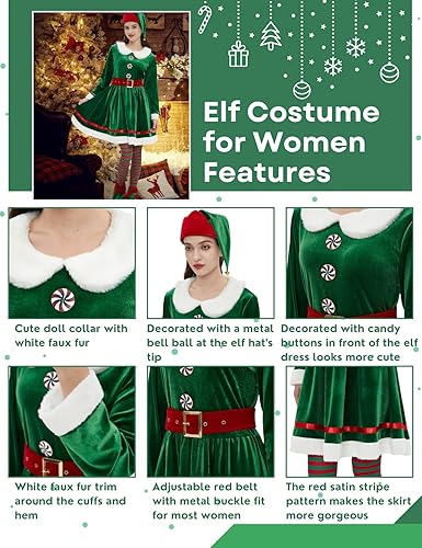 Miniatura 4 de Wabolay Disfraz de elfo para mujer, vestido de Navidad para adultos, 5 piezas, lindo traje de Navidad de elfos de Santa con sombrero, zapatos,