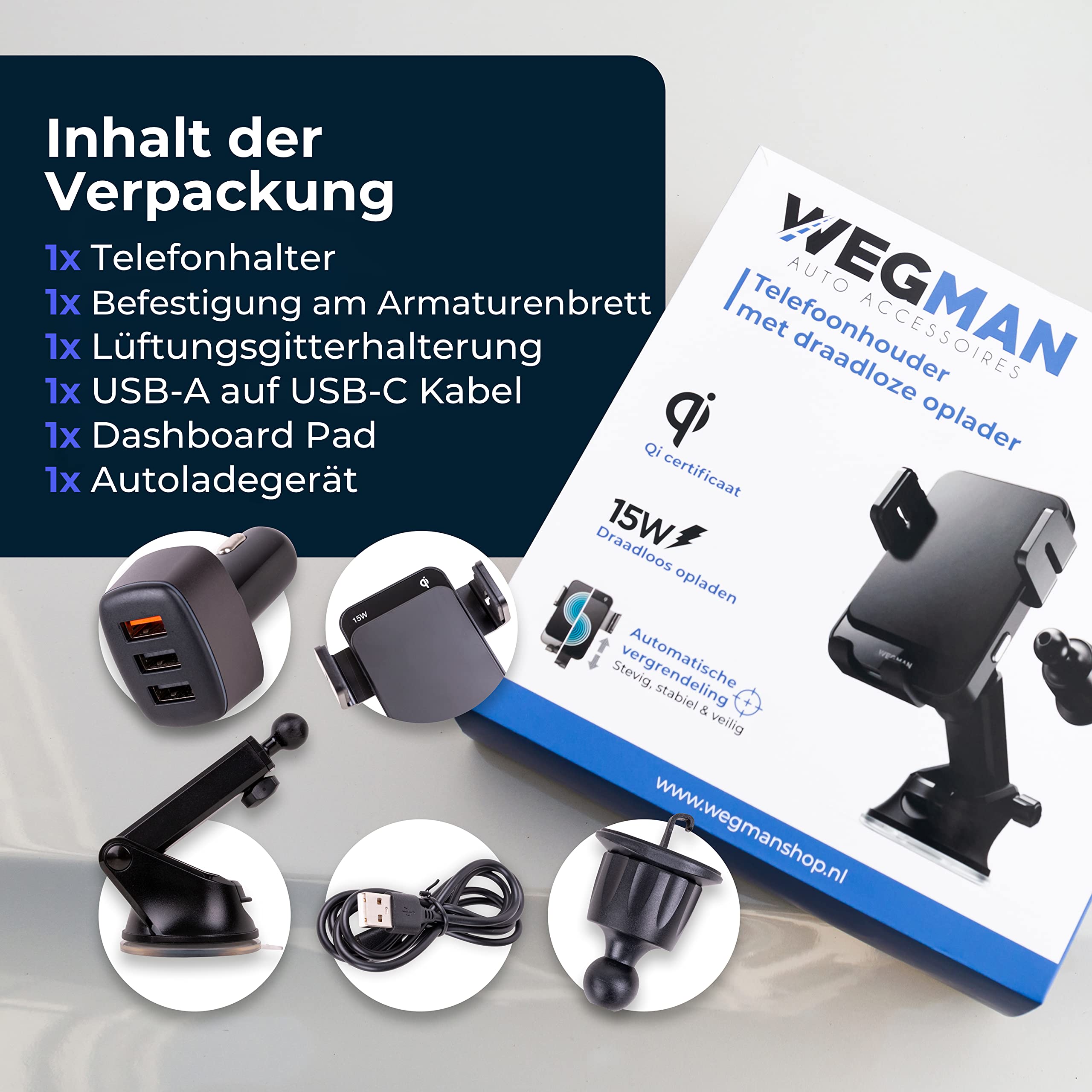 Wegman Handyhalterung Auto mit Ladefunktion 15W Qi, Smartphone Halterung Auto für Lüftung, Armaturenbrett & Windschutzscheibe (inkl Ladegerät & USB C Kabel) MagSafe Autohalterung, KFZ Handy Halterung