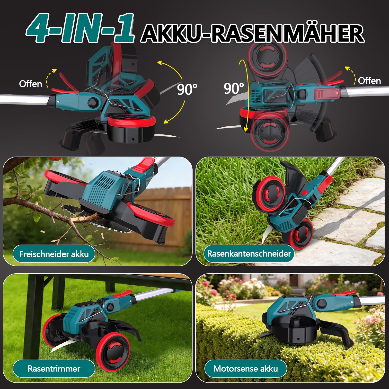 Akku Rasentrimmer mit Unkrautbürste, 21V Bürstenlose Rasenkantenschneide für Makita Akkus,4 in 1 Elektrischer Freischneider, Inkl. 2X4.0Ah Akku & Ladegerät für Garden Trimmen (Blau)