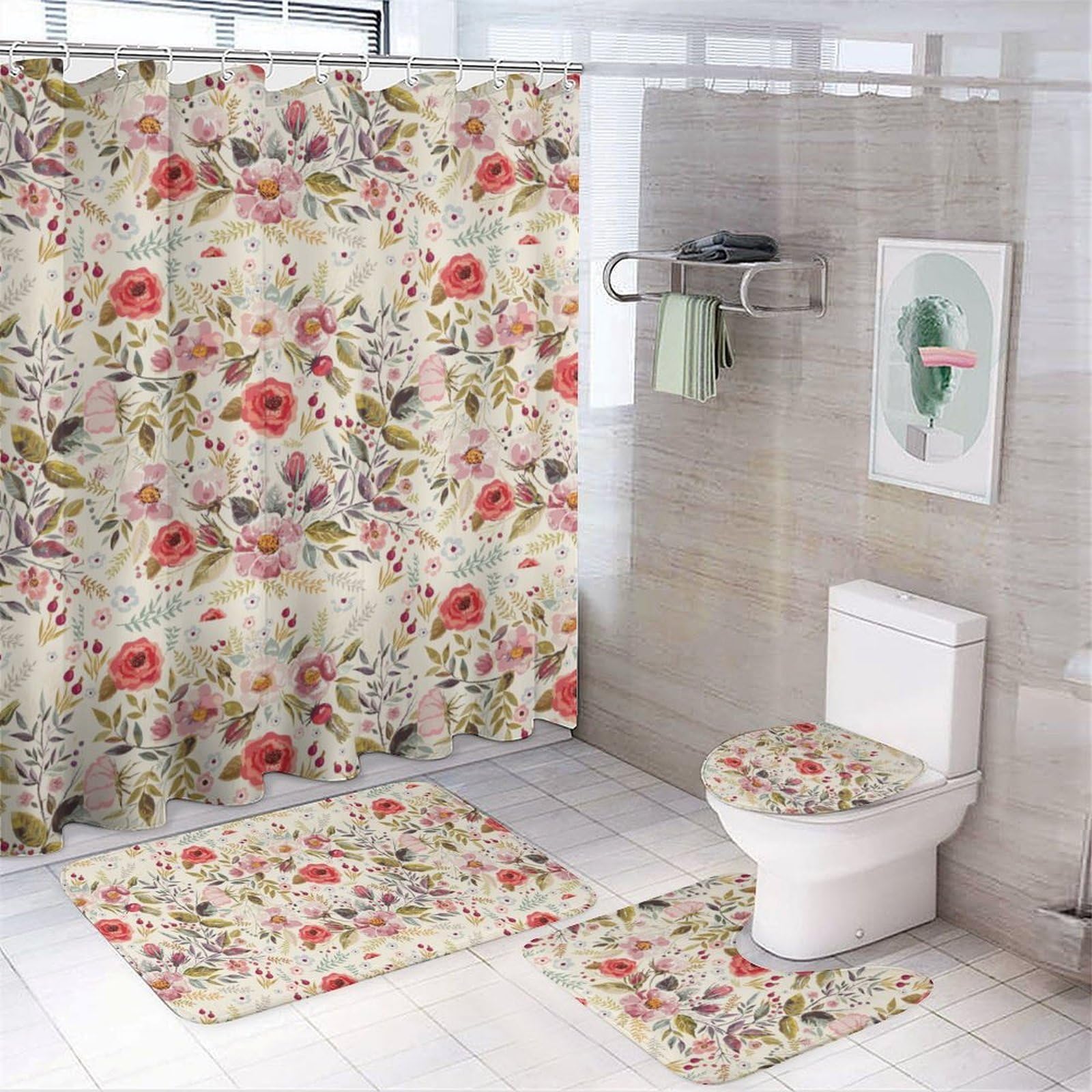 JZemdybill Bathroom Mat Set 4 Piece, Watercolor Poppies Flowers Shower Curtain with Non-Slip Bath Mats for Bathroom