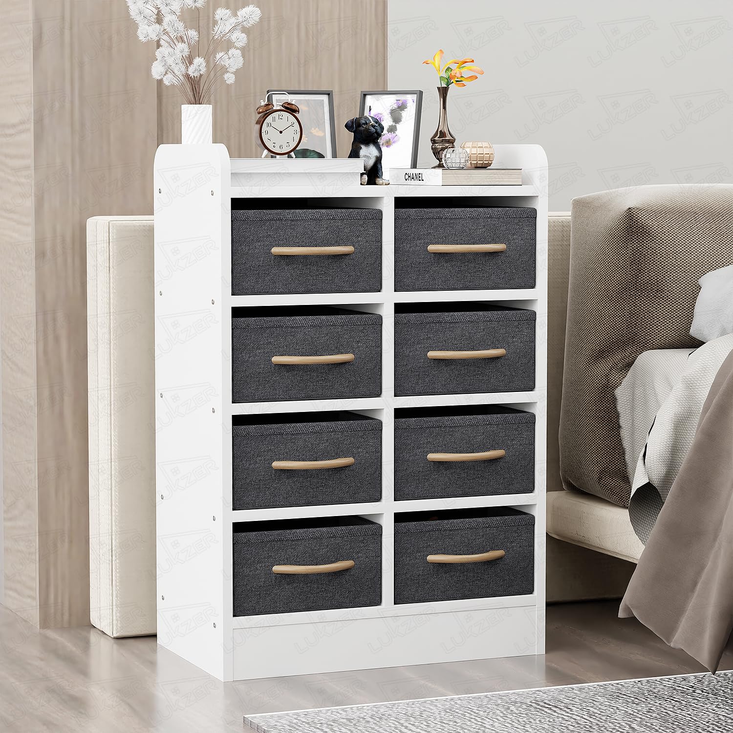 Lukzer 8 Drawer Multipurpose Organizer with Fabric Storage Shelves – Engineered Wood & Fabric Storage Chest | Sturdy Wooden Frame | Elegant Dresser for Bedroom, Closet & Living Room (MR-028/White)-image-17